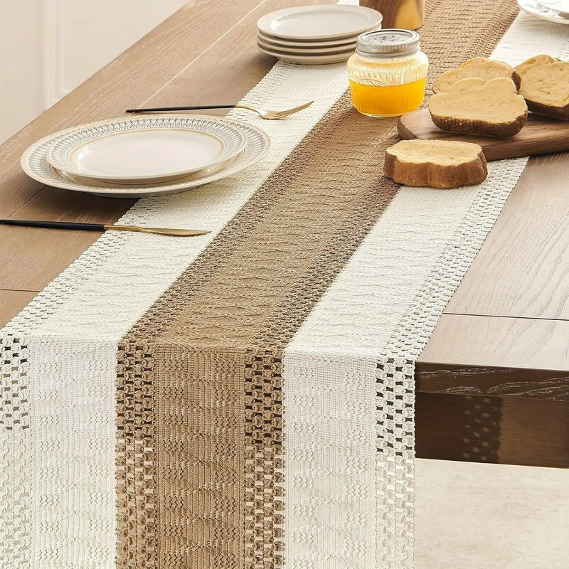 [Boho Chic Table Runner] Bohemian Chic Table Runner, 1pc Farmhouse Rustic Cream Brown Design | Macrame Crochet Polyester with Tassels - Infuses Boho Flair for Dining Room, Bedroom, Living Room Decor by House Of Avana