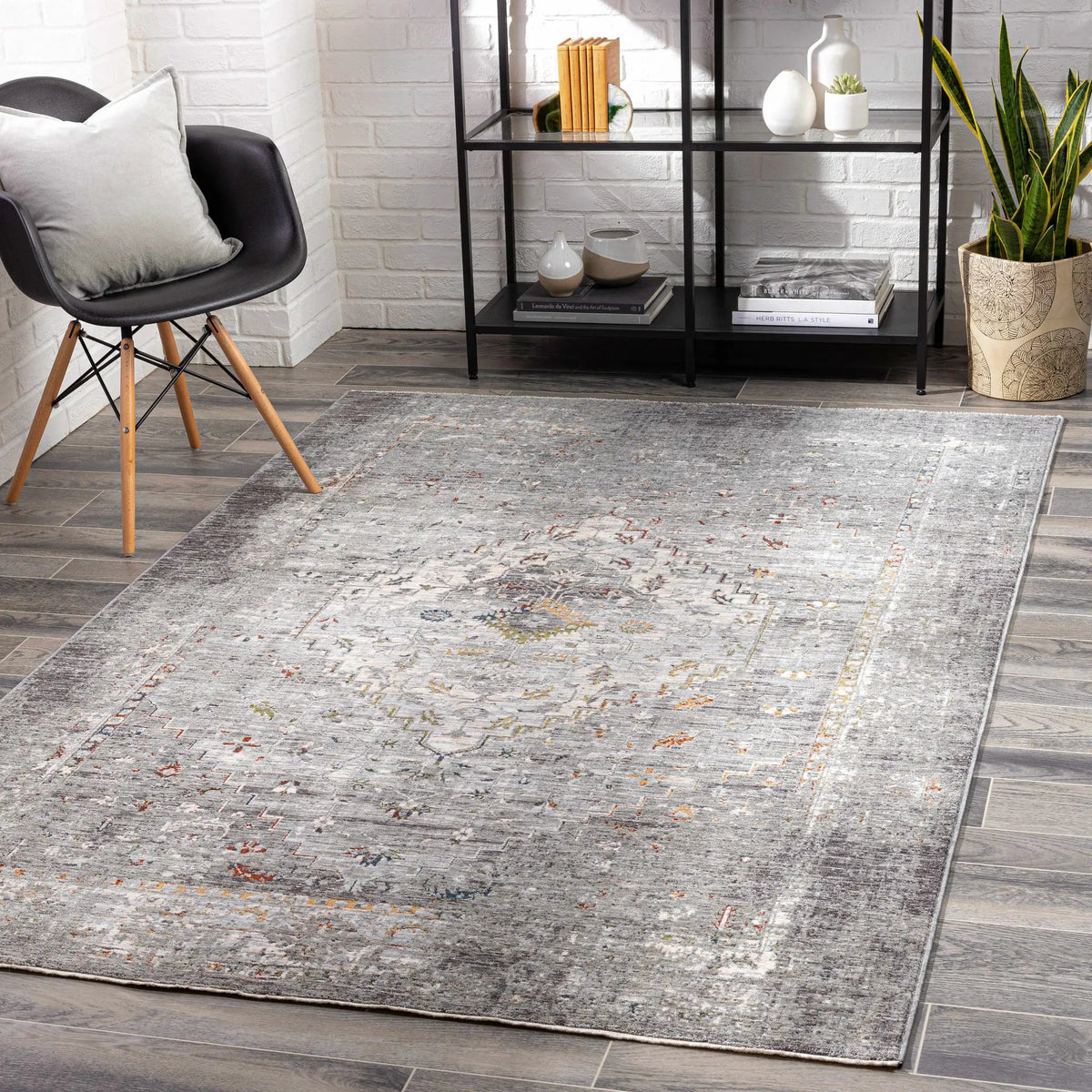 Boli Distressed Statement Rug, installed in a room
