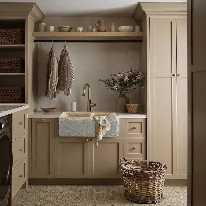 Botticino Beige Marble Farmhouse Apron Double Sink - 32x16x10 by GobekDesign