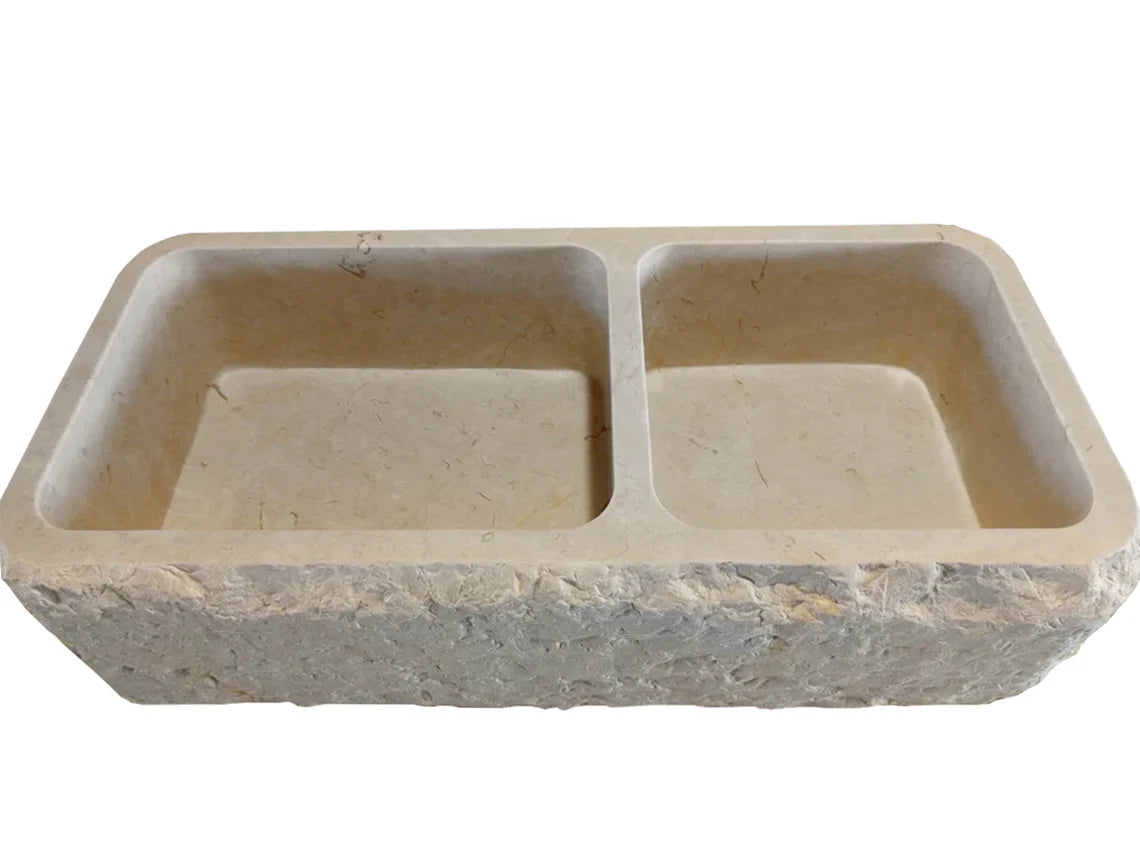Botticino Beige Marble Farmhouse Apron Kitchen Double Sink (W)16" (L)32" (H)10" by GobekDesign