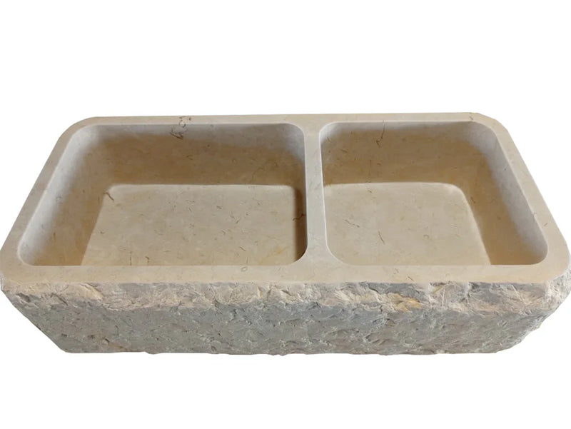 Botticino Beige Marble Farmhouse Apron Kitchen Double Sink (W)16" (L)32" (H)10" by GobekDesign