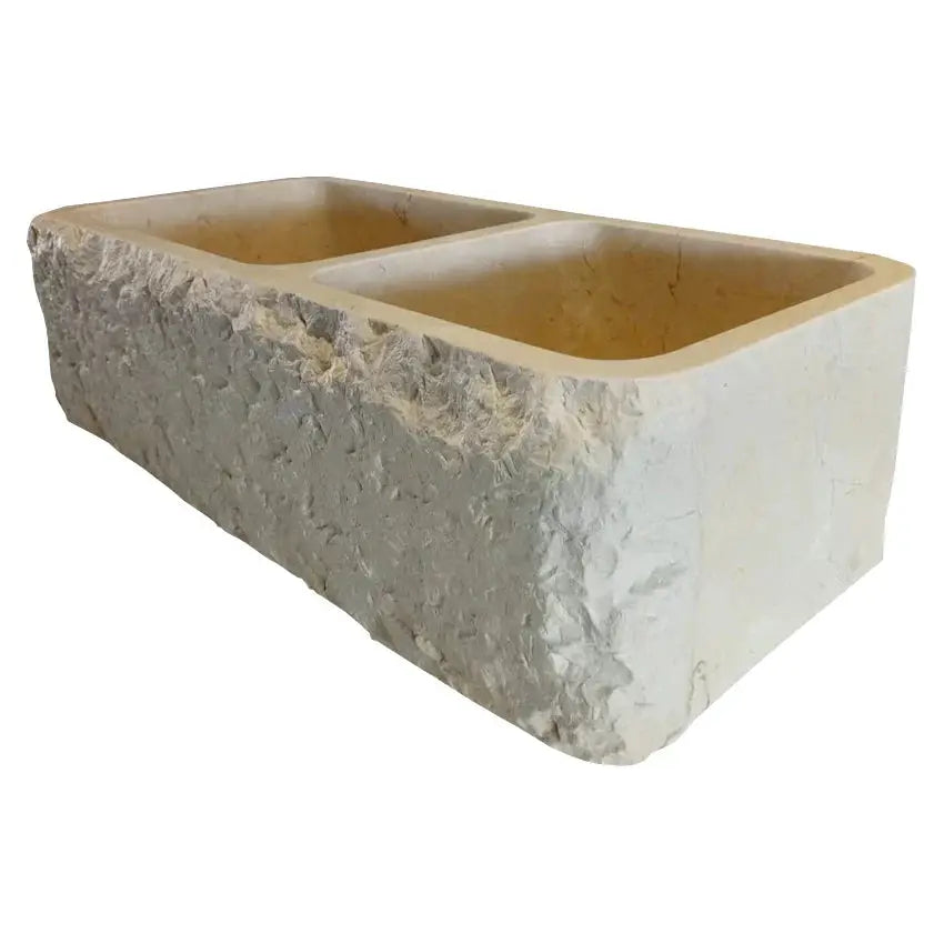 Botticino Beige Marble Farmhouse Apron Double Sink - 32x16x10 by GobekDesign