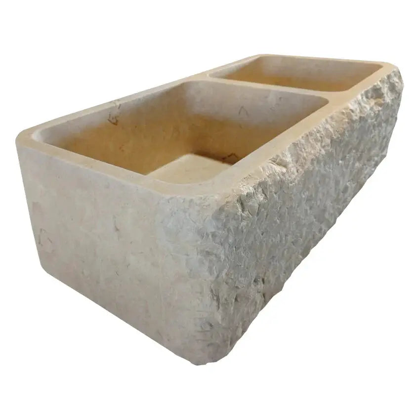 Botticino Beige Marble Farmhouse Apron Double Sink - 32x16x10 by GobekDesign