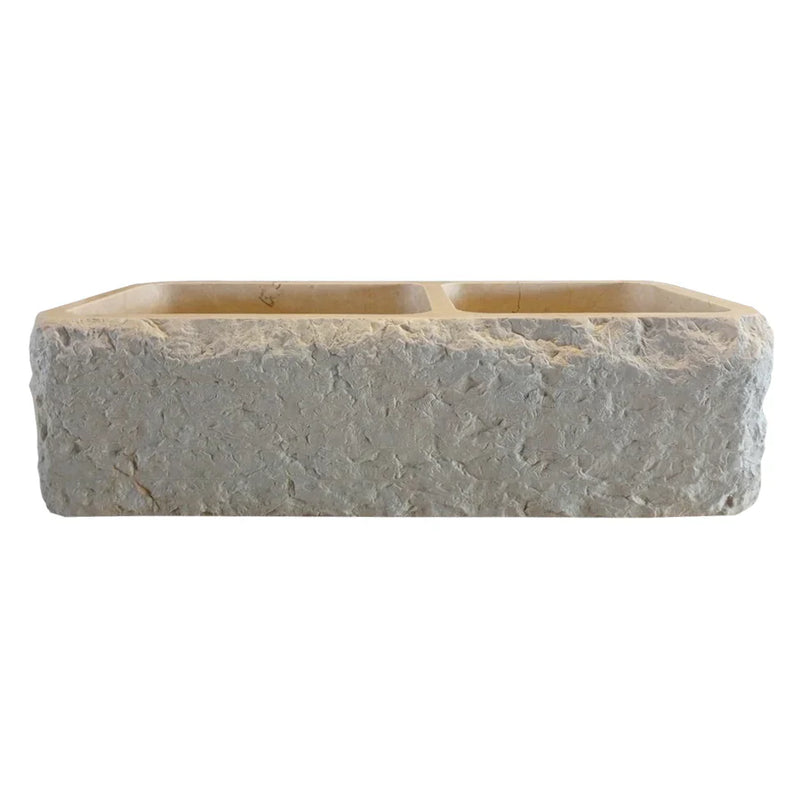 Botticino Beige Marble Farmhouse Apron Kitchen Double Sink (W)16" (L)32" (H)10" by GobekDesign