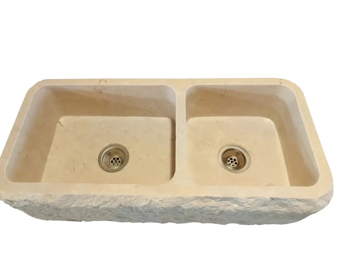 Botticino Beige Marble Farmhouse Apron Double Sink - 32x16x10 by GobekDesign