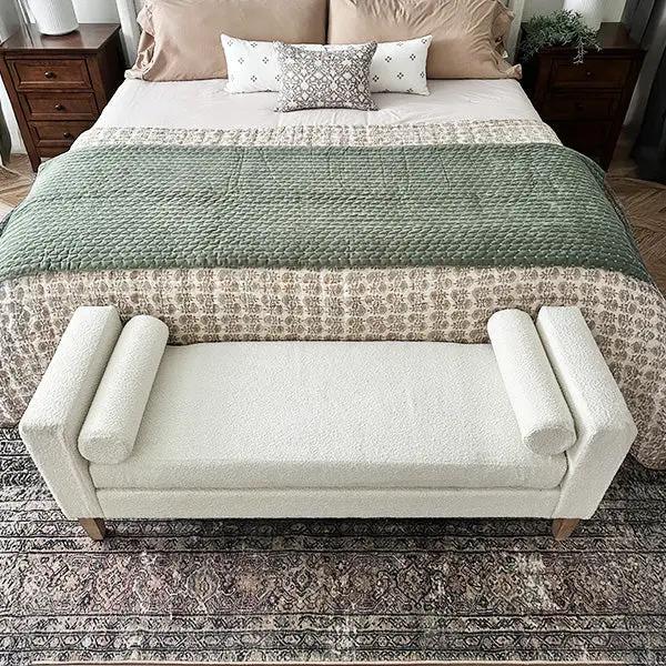 56 Inch Modern Boucle Accent Bench with Round Pillows by Decor Steals