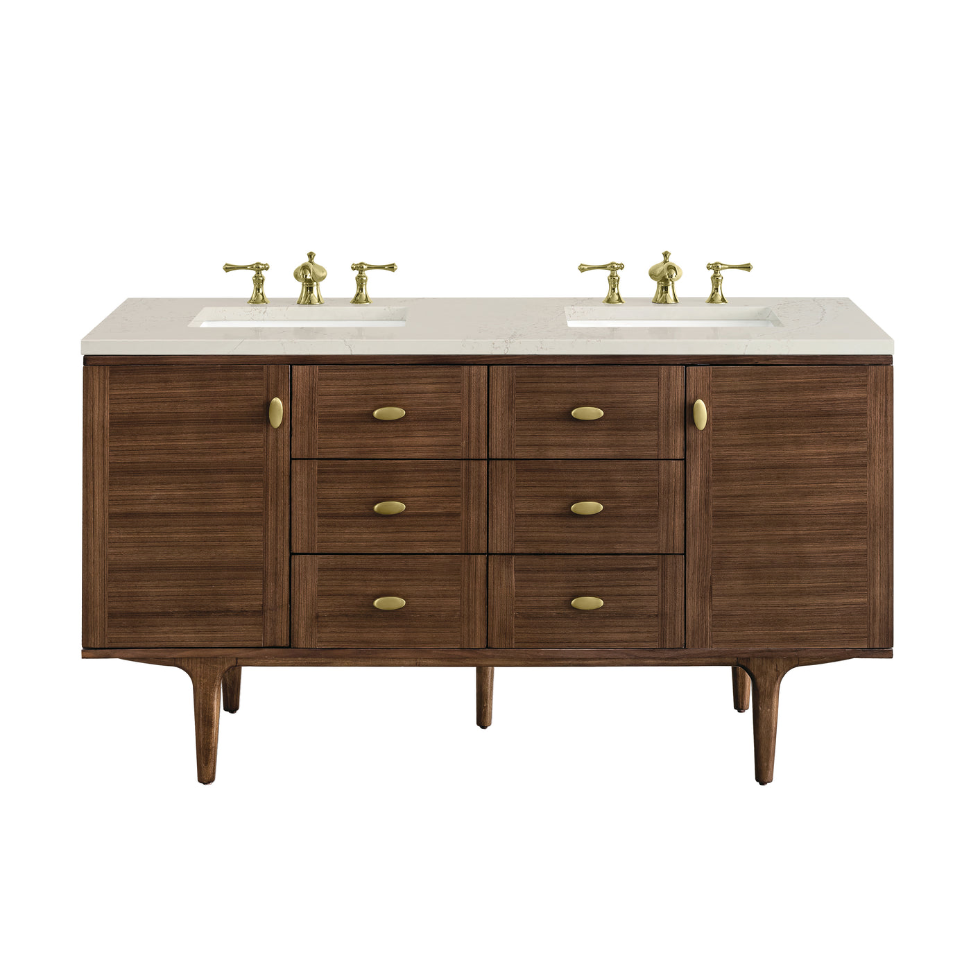 James Martin Amberly 60" Dual Mount Double Bathroom Vanity, Mid-Century Walnut with Siberian (FreePower) countertop