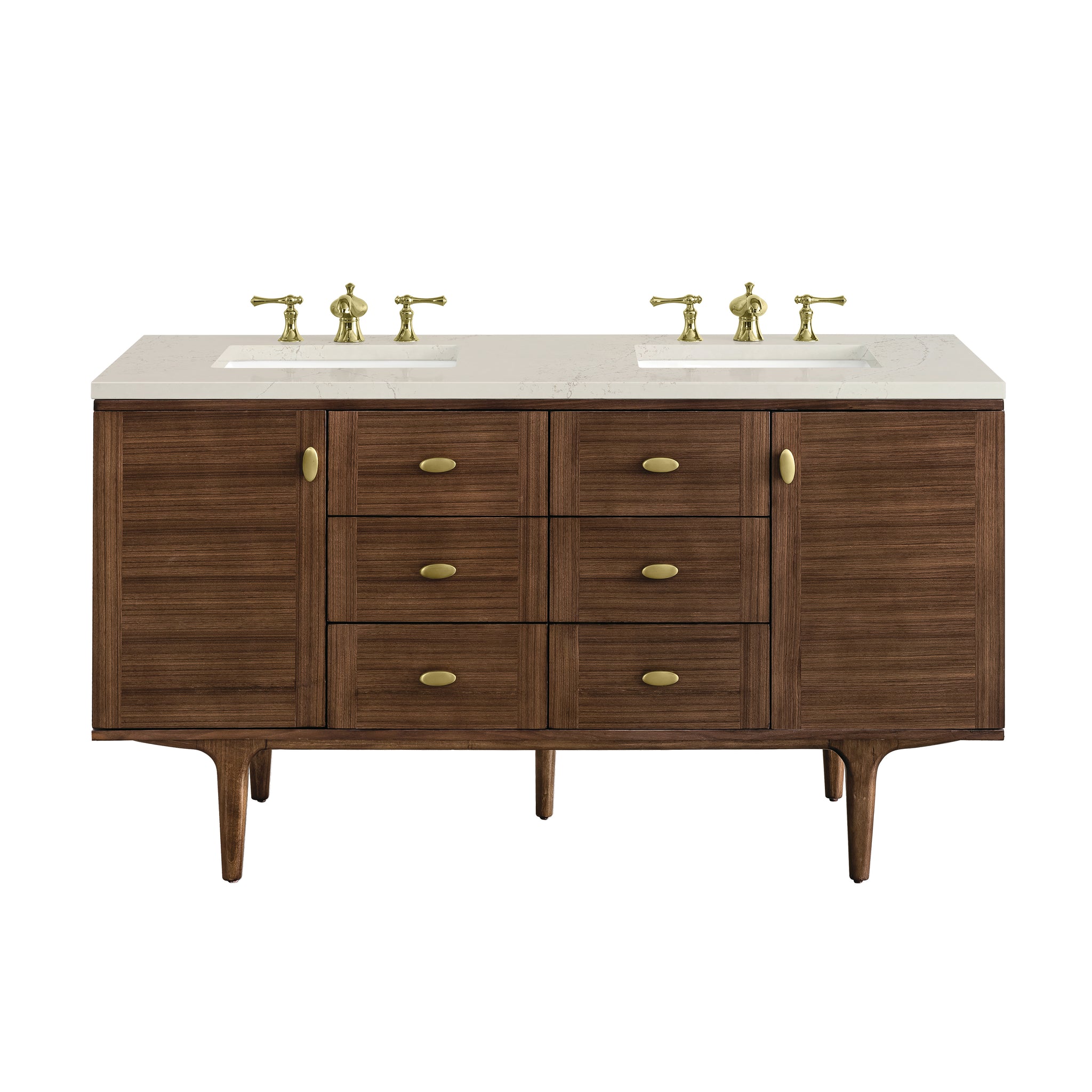 James Martin Amberly 60" Dual Mount Double Bathroom Vanity, Mid-Century Walnut with Siberian (FreePower) countertop