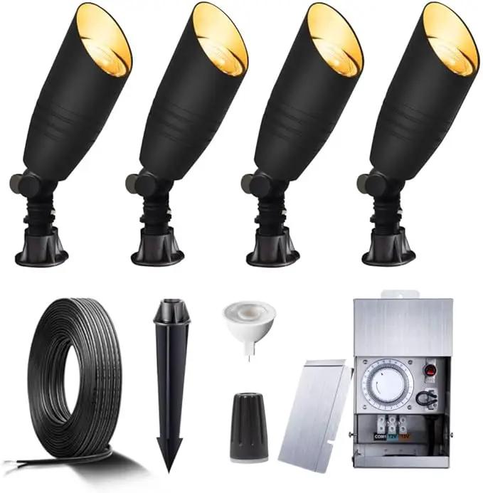 Brass Landscape Lighting Kit (4 Pack LED Spotlights) with 75W Low Voltage Transformer and Mechanical Timer and 100 Feet Cable and 20 Pack Wire Connectors by Outdoor Solar Outlet