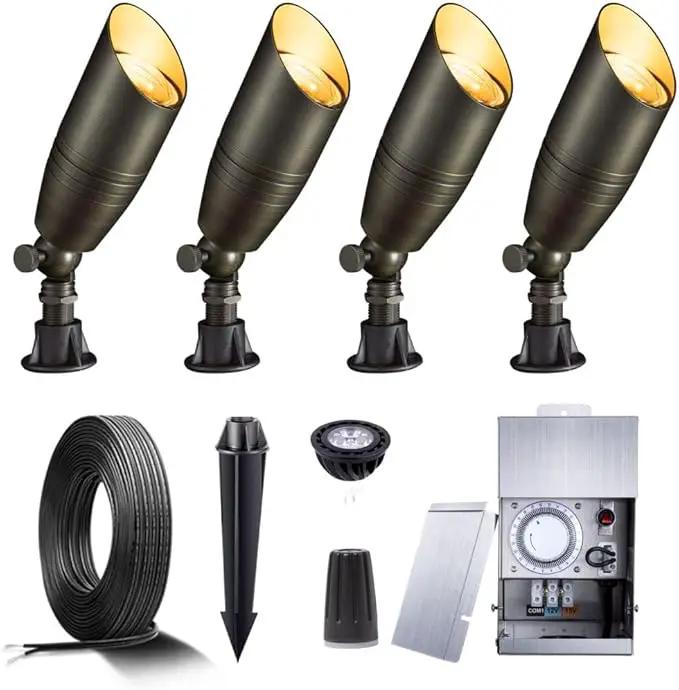 Brass Landscape Lighting Kit (4 Pack LED Spotlights) with 75W Low Voltage Transformer and Mechanical Timer and 100 Feet Cable and 20 Pack Wire Connectors by Outdoor Solar Outlet