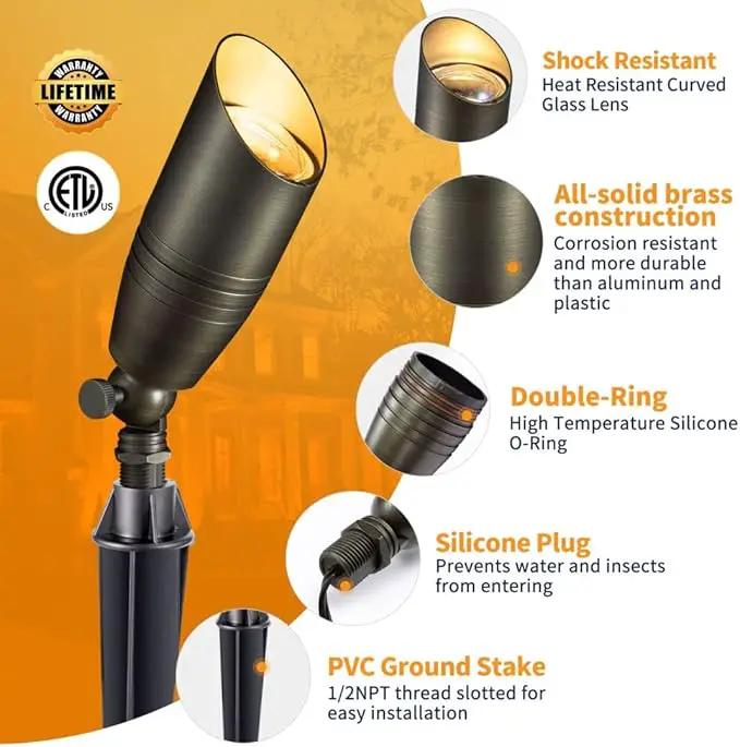 Brass Landscape Lighting Kit (4 Pack LED Spotlights) with 75W Low Voltage Transformer and Mechanical Timer and 100 Feet Cable and 20 Pack Wire Connectors by Outdoor Solar Outlet