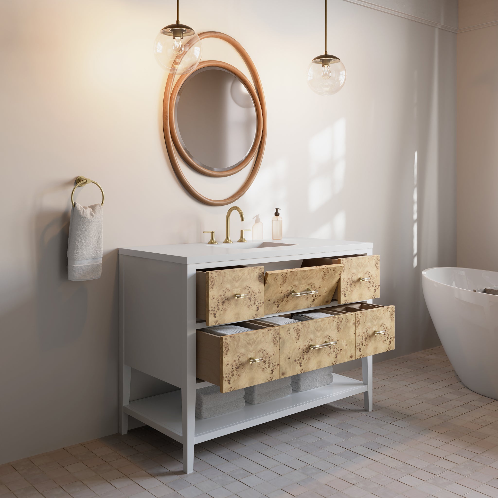James Martin Olena 48" Single Bathroom Vanity, Polished White and Light Mappa Burl, view 18