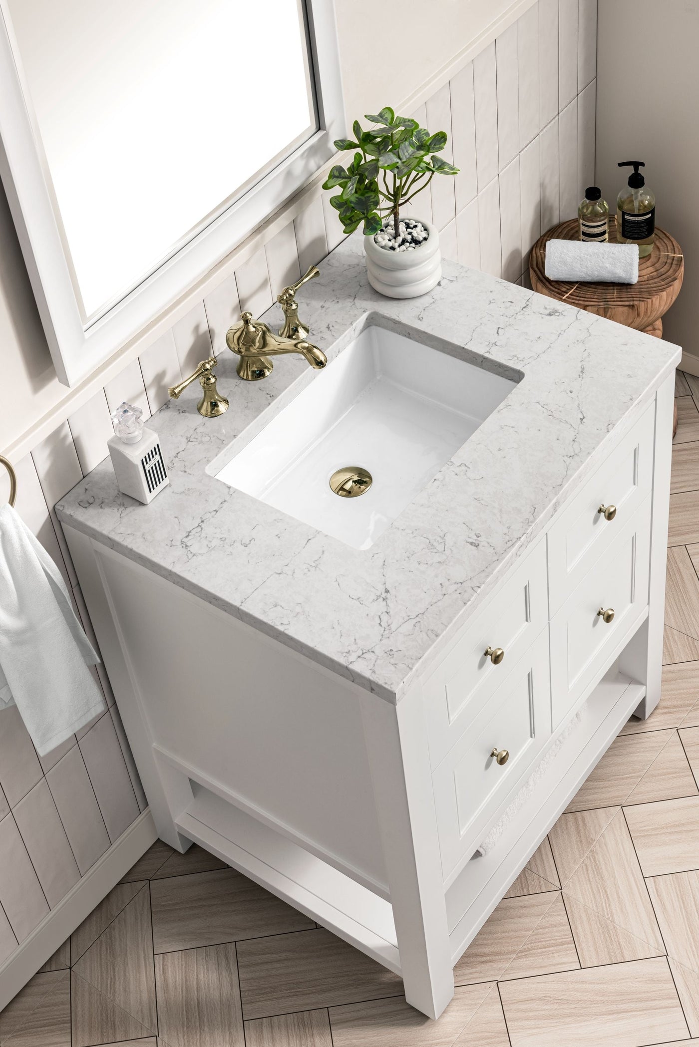 James Martin Breckenridge 30" Single Bathroom Vanity, Bright White with Eternal Jasmine Pearl countertop