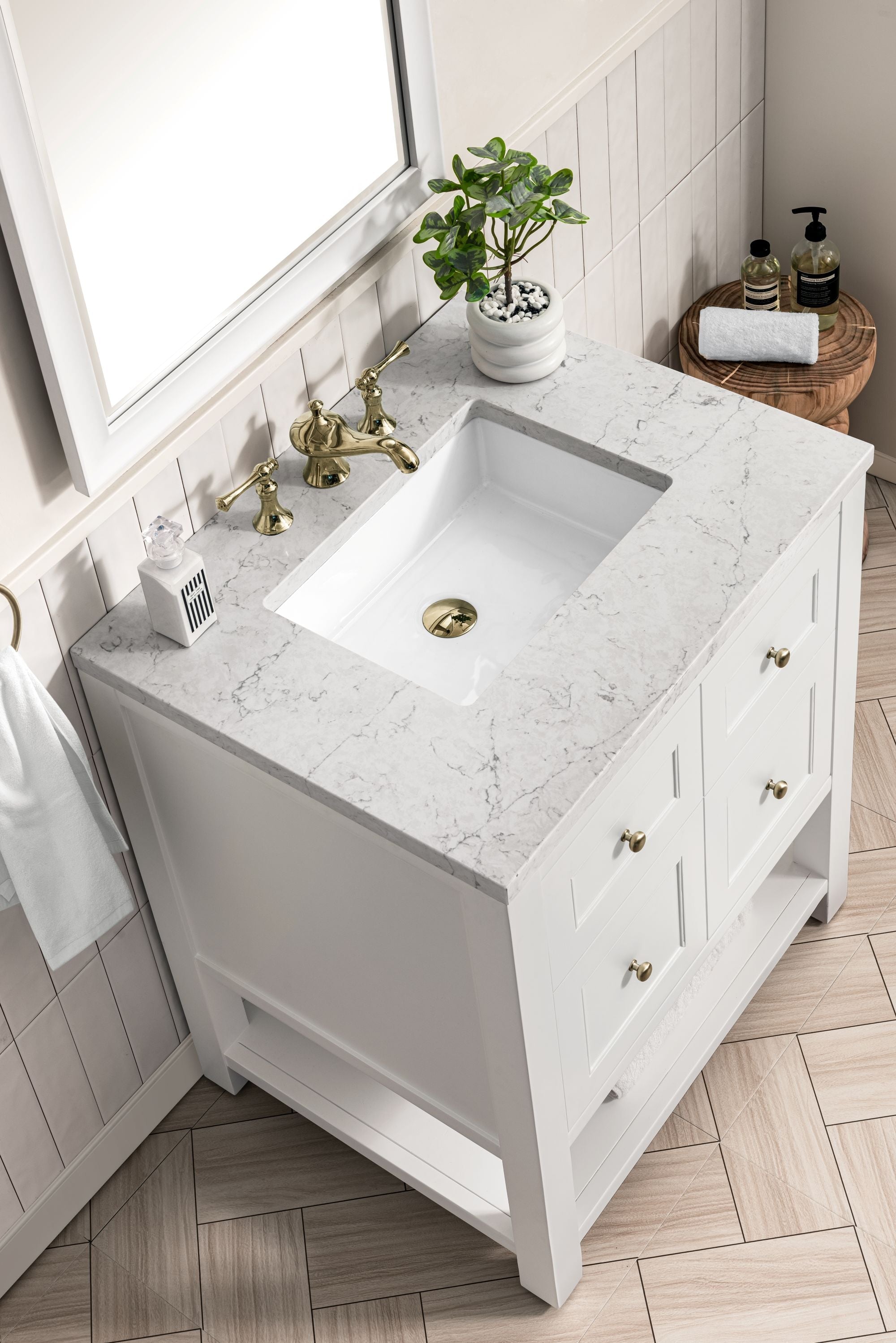 James Martin Breckenridge 30" Single Bathroom Vanity, Bright White with Eternal Jasmine Pearl countertop