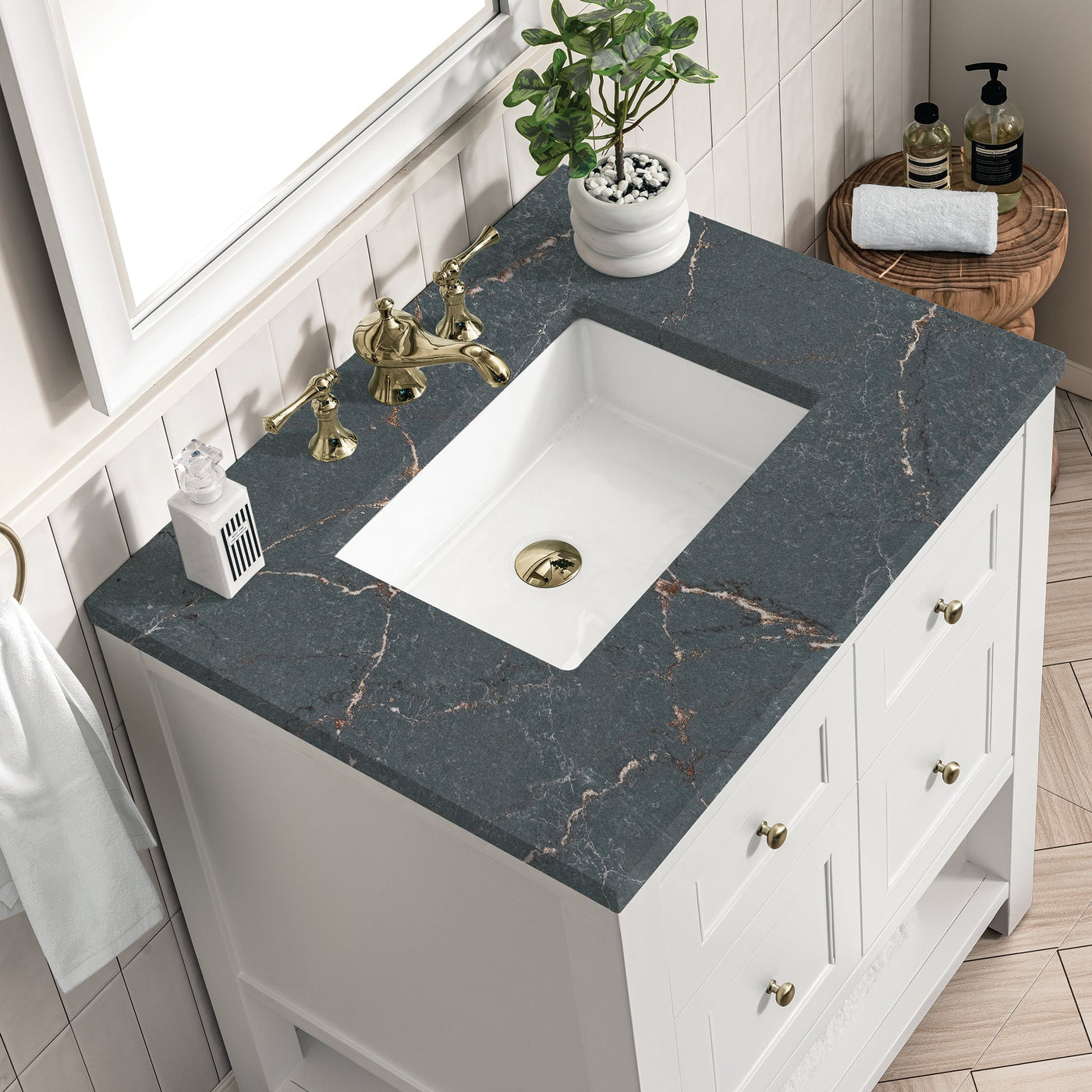 James Martin Breckenridge 30" Single Bathroom Vanity, Bright White with Parisien Bleu countertop