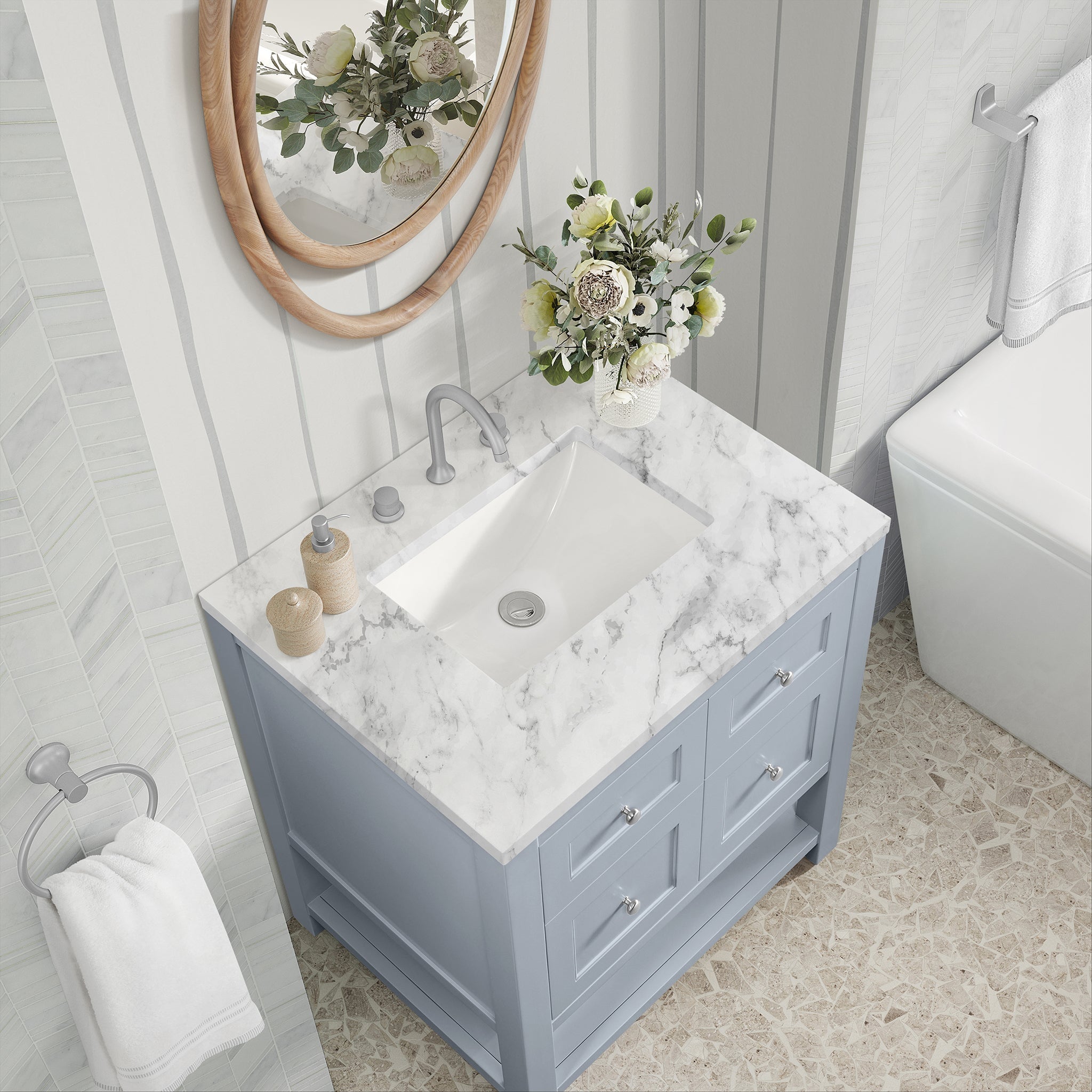 James Martin Breckenridge 30" Single Bathroom Vanity, Serenity Blue with Carrara White countertop