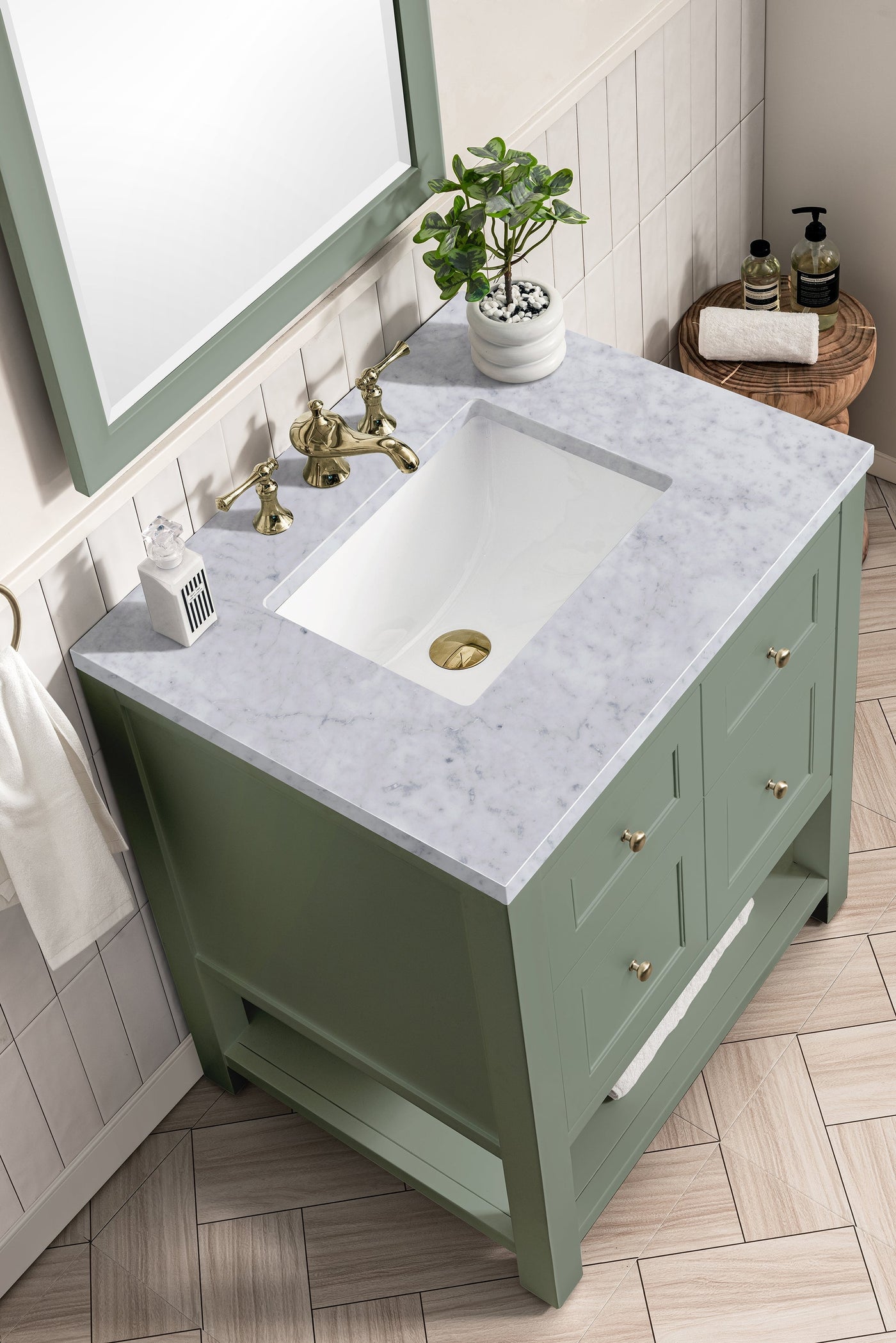 James Martin Breckenridge 30" Single Bathroom Vanity, Smokey Celadon with Carrara White countertop