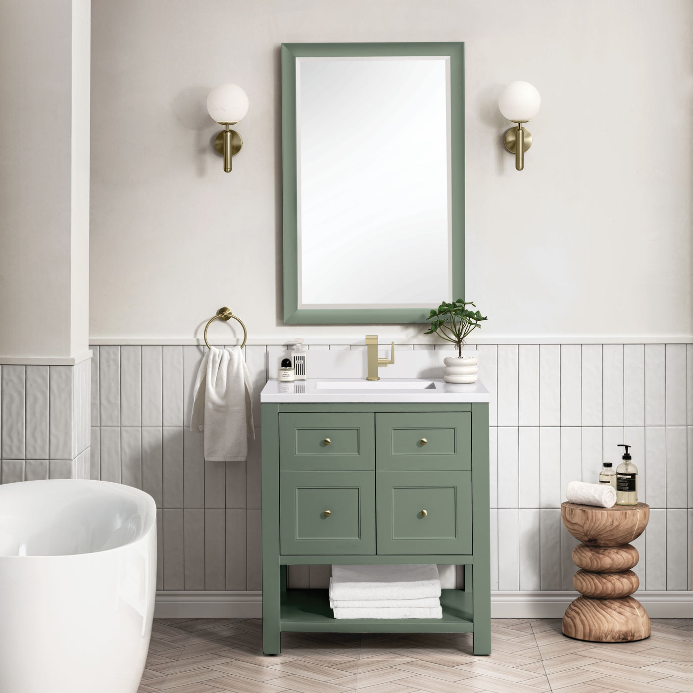 James Martin Breckenridge 30" Single Bathroom Vanity, Smokey Celadon with White Zeus (Single Hole, with Backsplash) countertop