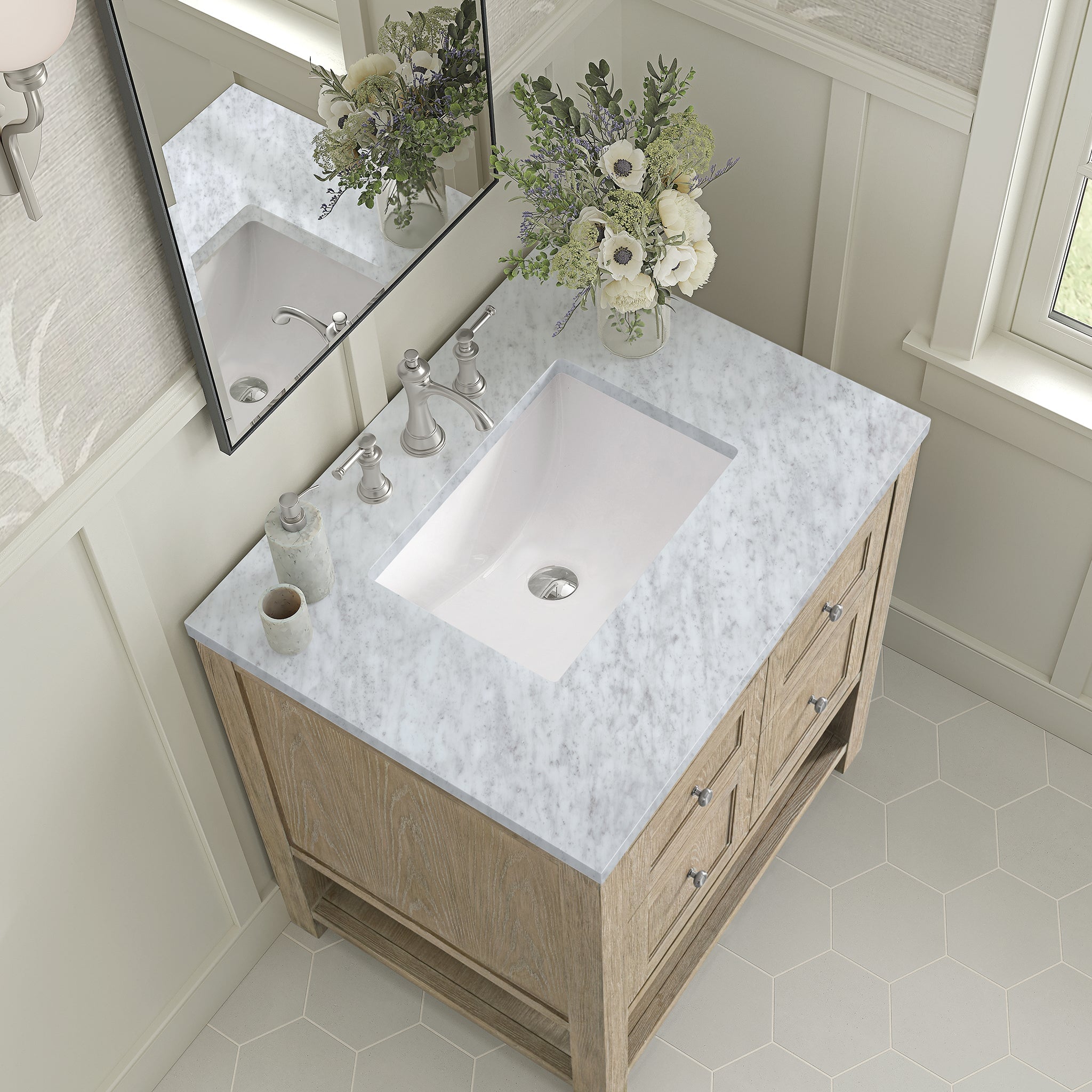 James Martin Breckenridge 30" Single Bathroom Vanity, Whitewashed Oak with Carrara White countertop