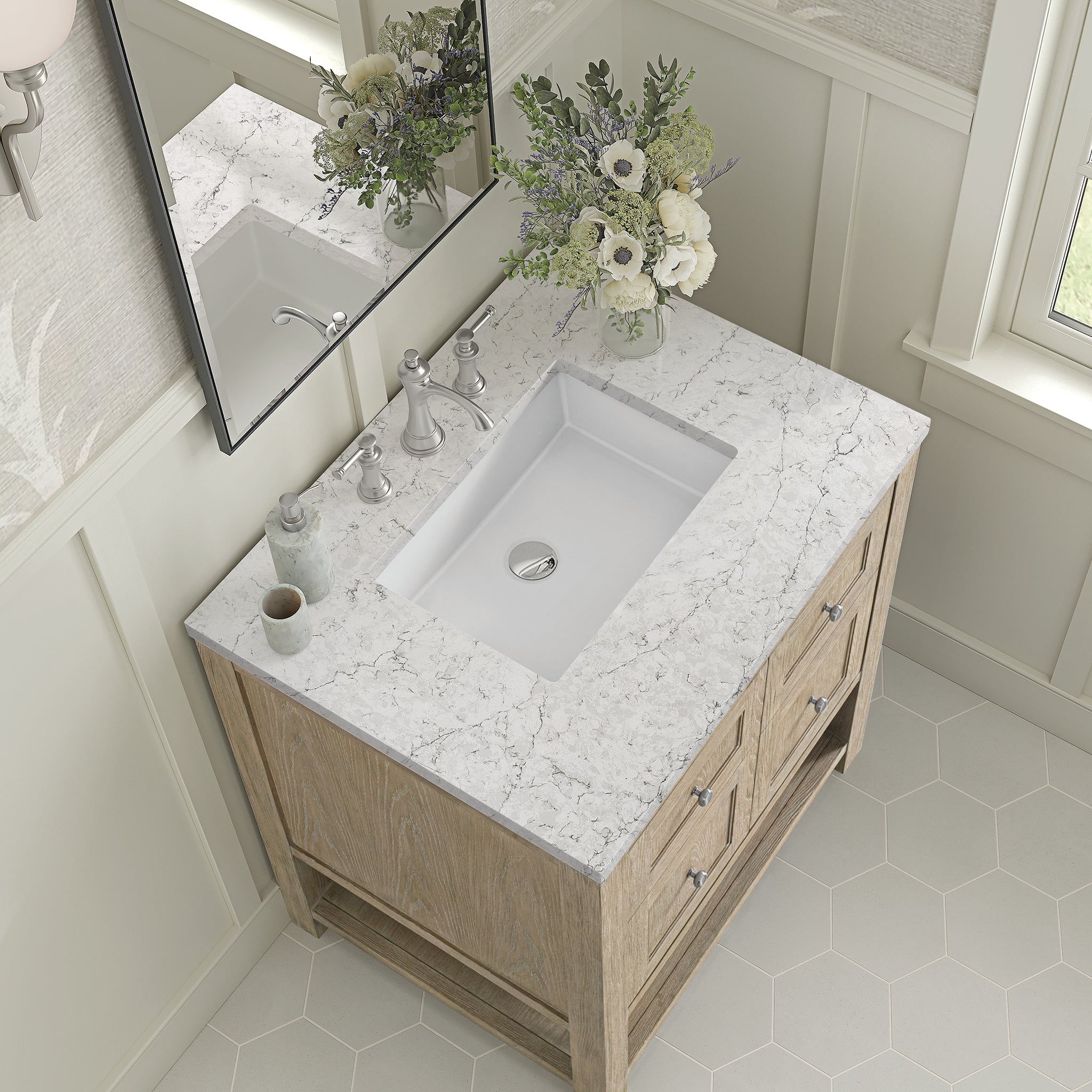 James Martin Breckenridge 30" Single Bathroom Vanity, Whitewashed Oak with Eternal Jasmine Pearl countertop