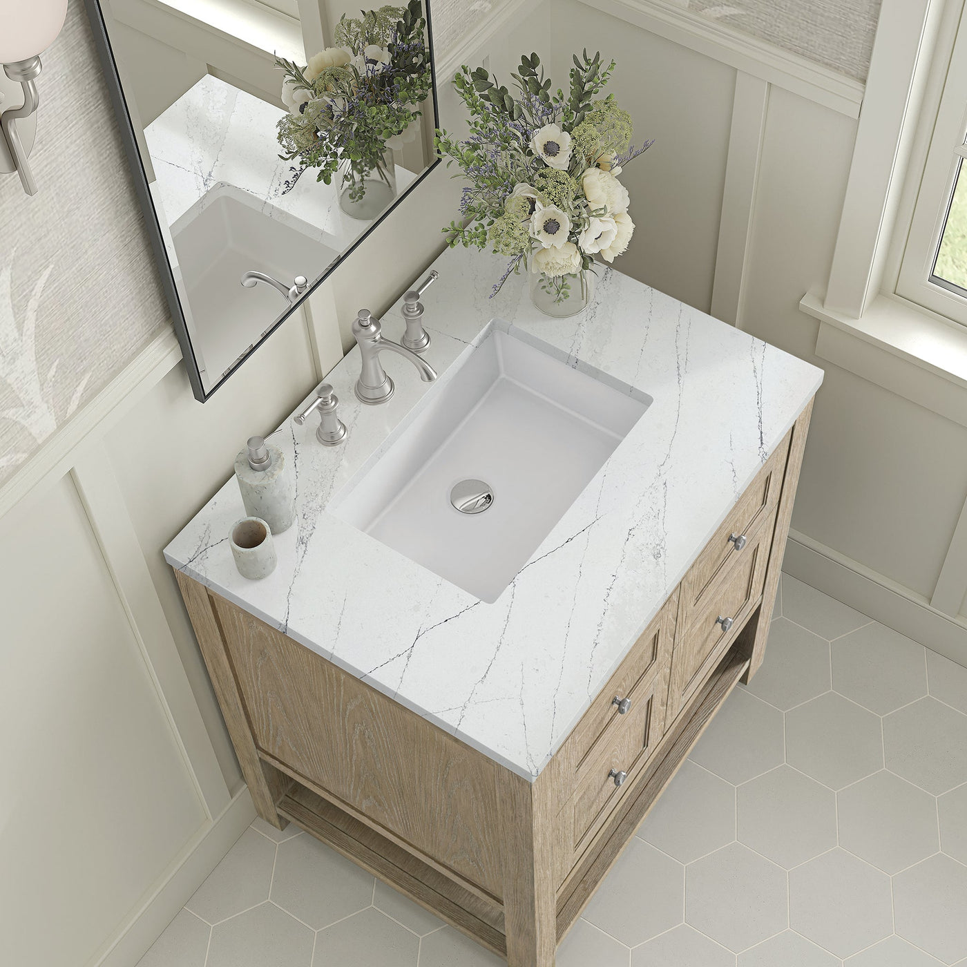 James Martin Breckenridge 30" Single Bathroom Vanity, Whitewashed Oak with Ethereal Noctis countertop