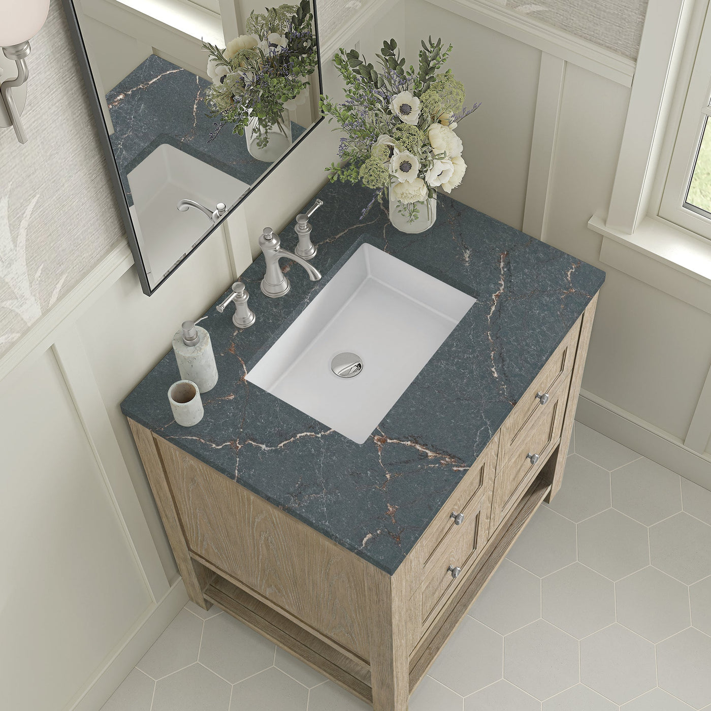 James Martin Breckenridge 30" Single Bathroom Vanity, Whitewashed Oak with Parisien Bleu countertop