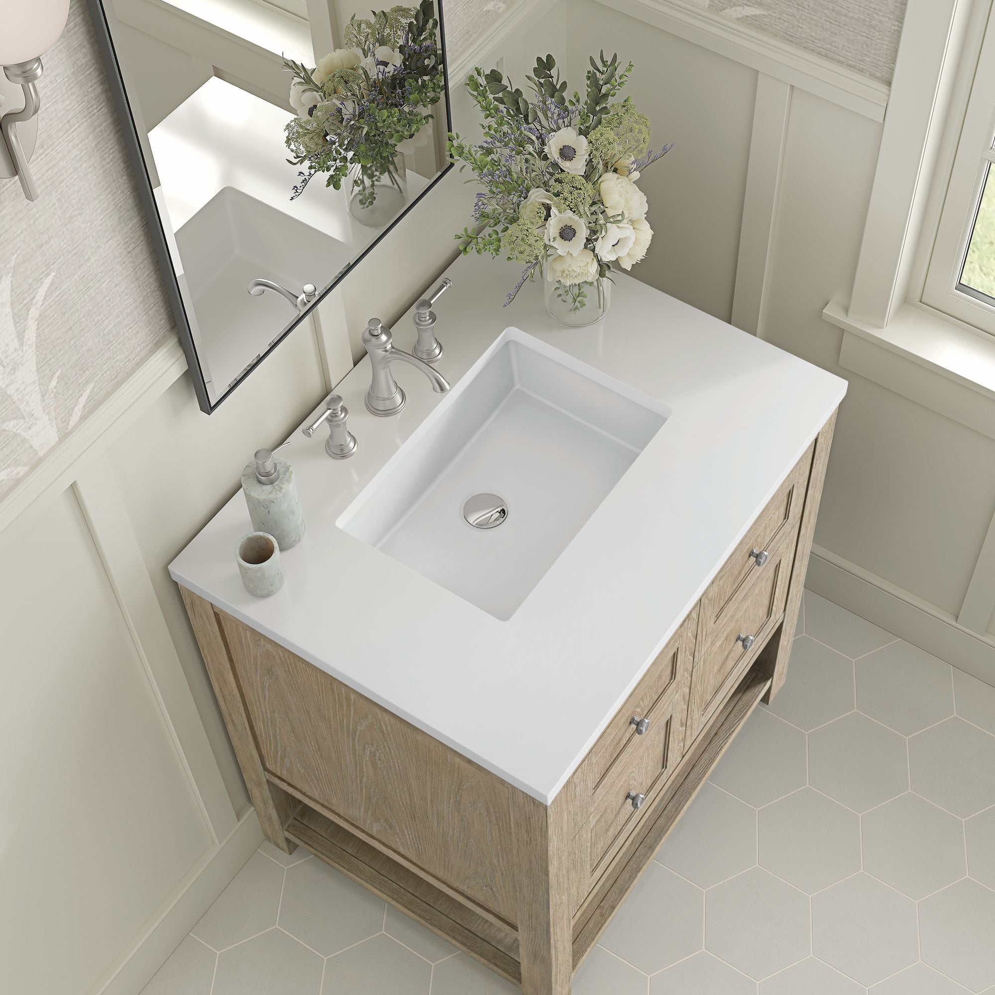 James Martin Breckenridge 30" Single Bathroom Vanity, Whitewashed Oak with White Zeus countertop