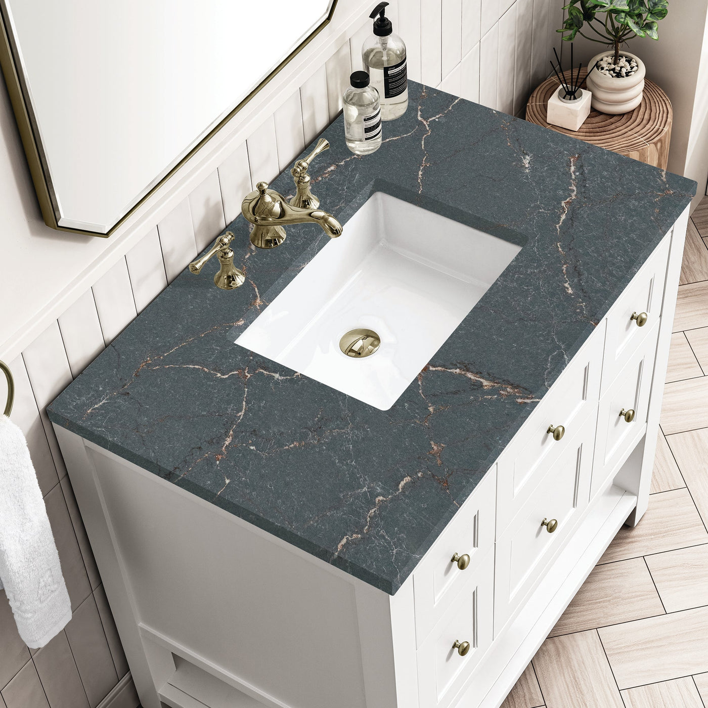James Martin Breckenridge 36" Single Bathroom Vanity, Bright White with Parisien Bleu countertop