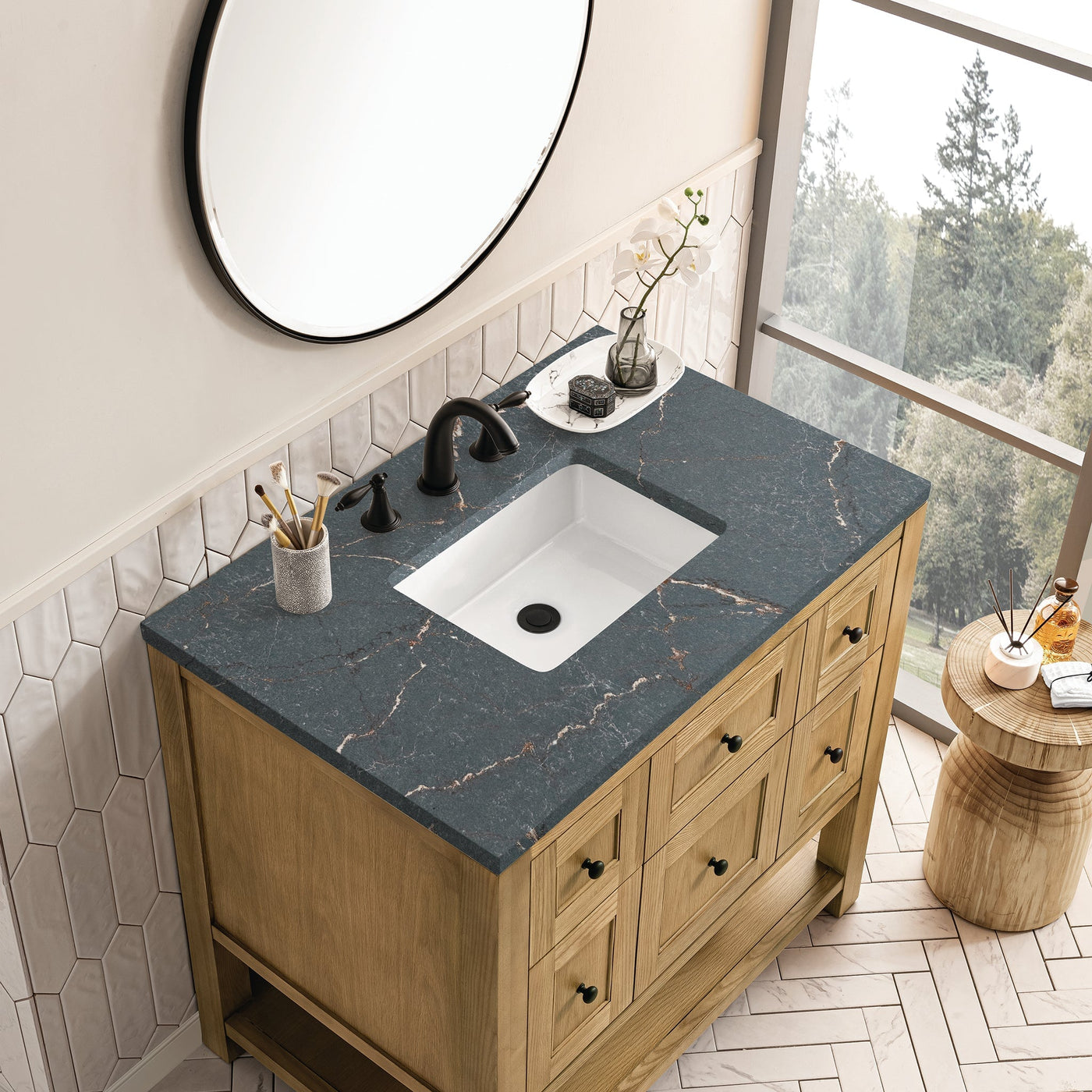 James Martin Breckenridge 36" Single Bathroom Vanity, Light Natural Oak with Parisien Bleu countertop