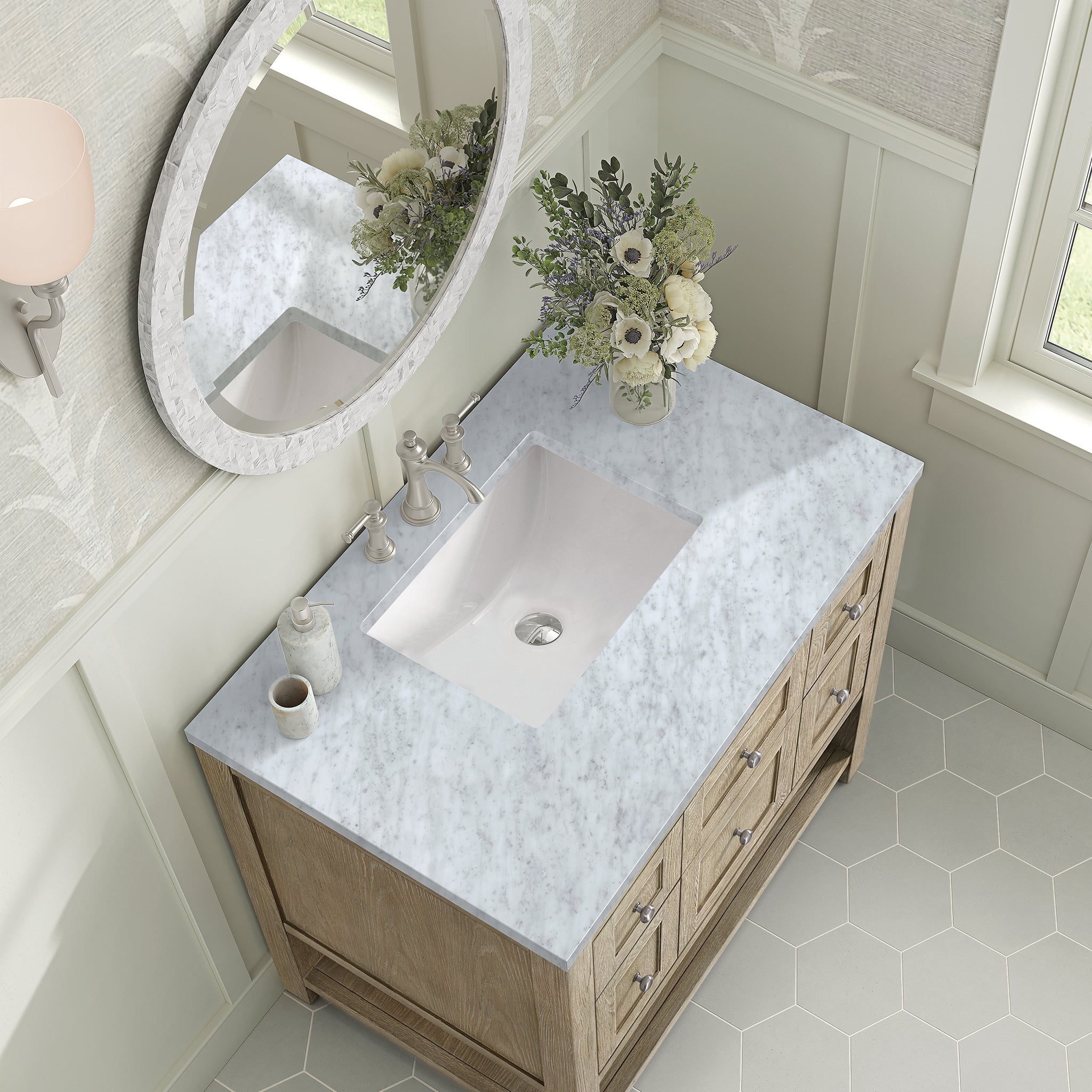 James Martin Breckenridge 36" Single Bathroom Vanity, Whitewashed Oak with Carrara White countertop