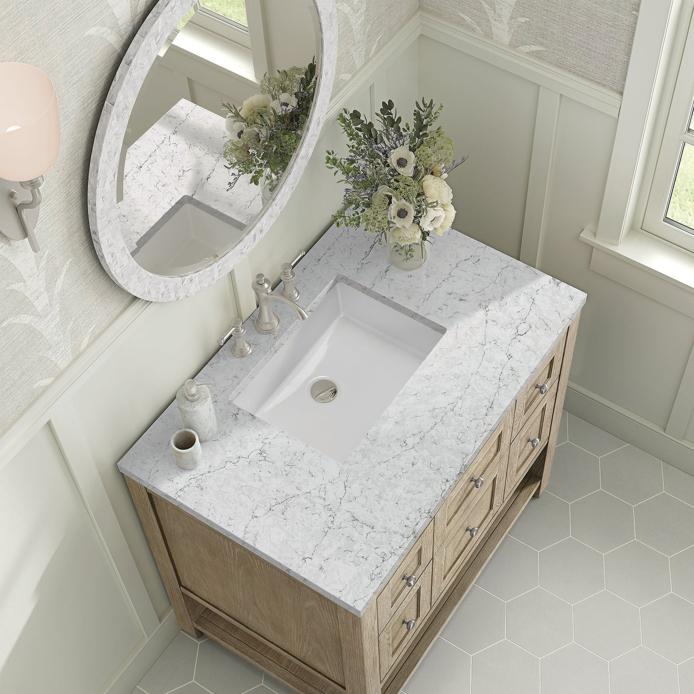 James Martin Breckenridge 36" Single Bathroom Vanity, Whitewashed Oak with Eternal Jasmine Pearl countertop