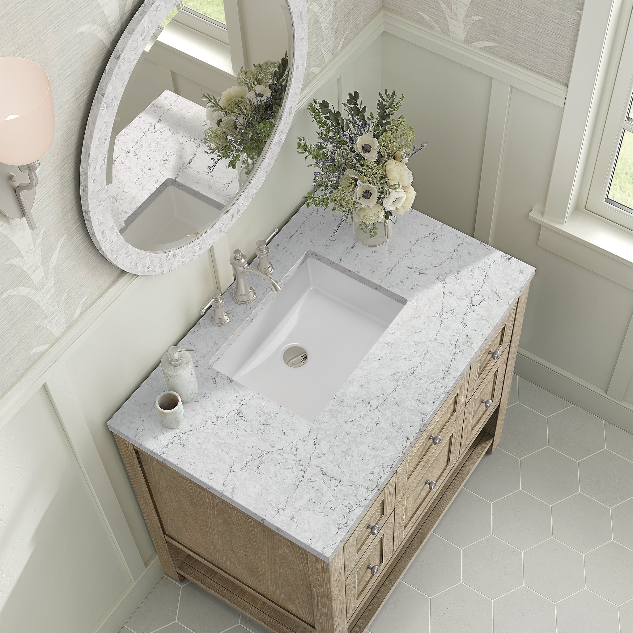 James Martin Breckenridge 36" Single Bathroom Vanity, Whitewashed Oak with Eternal Jasmine Pearl countertop
