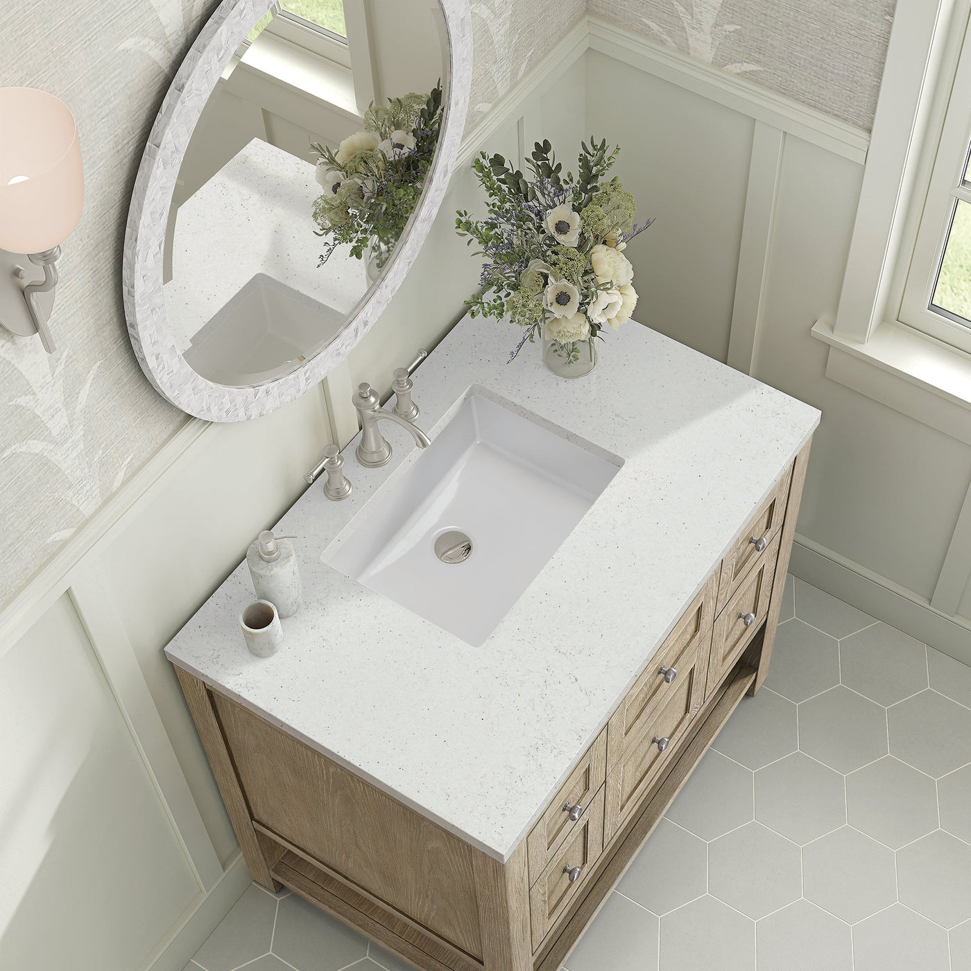 James Martin Breckenridge 36" Single Bathroom Vanity, Whitewashed Oak with Lime Delight countertop