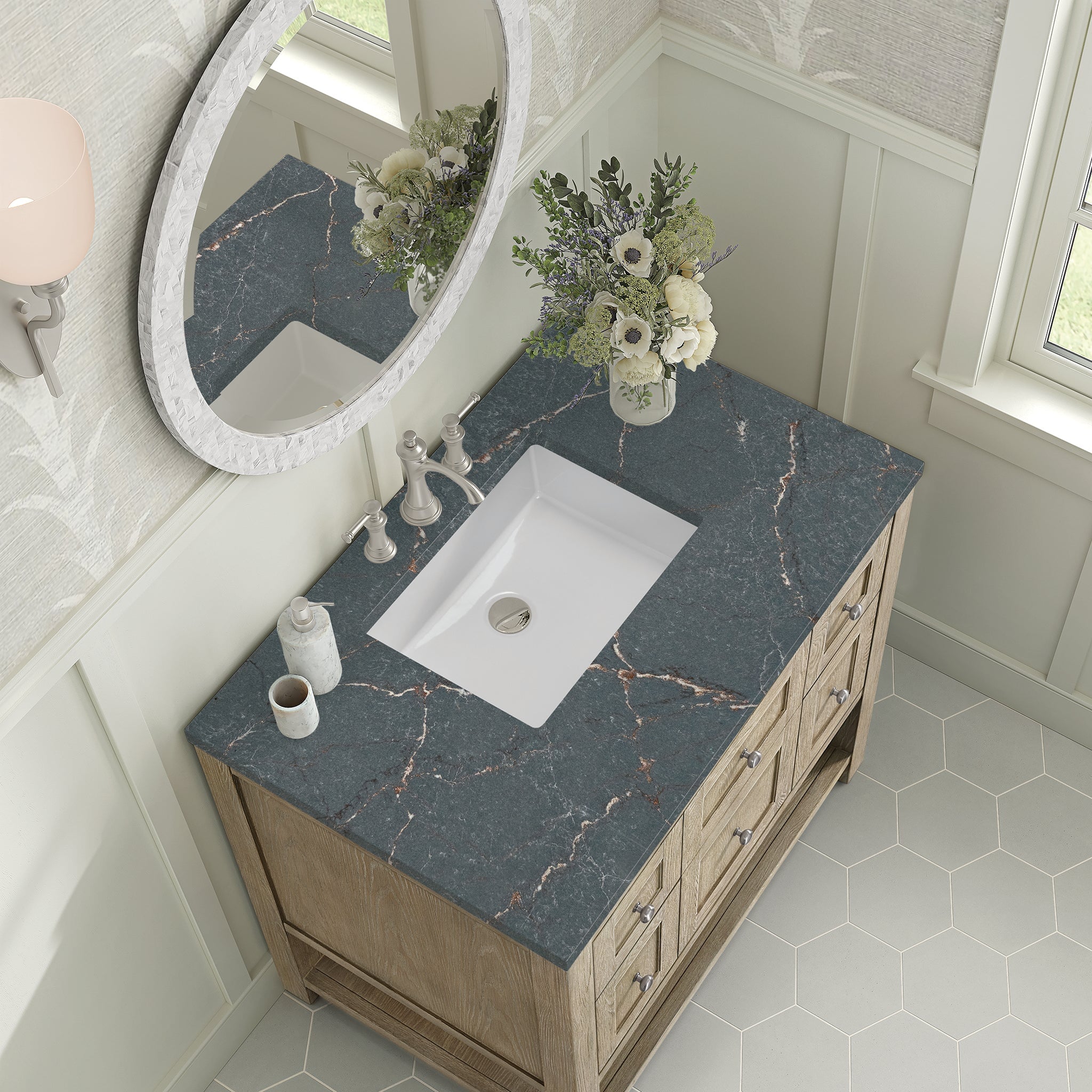 James Martin Breckenridge 36" Single Bathroom Vanity, Whitewashed Oak with Parisien Bleu countertop