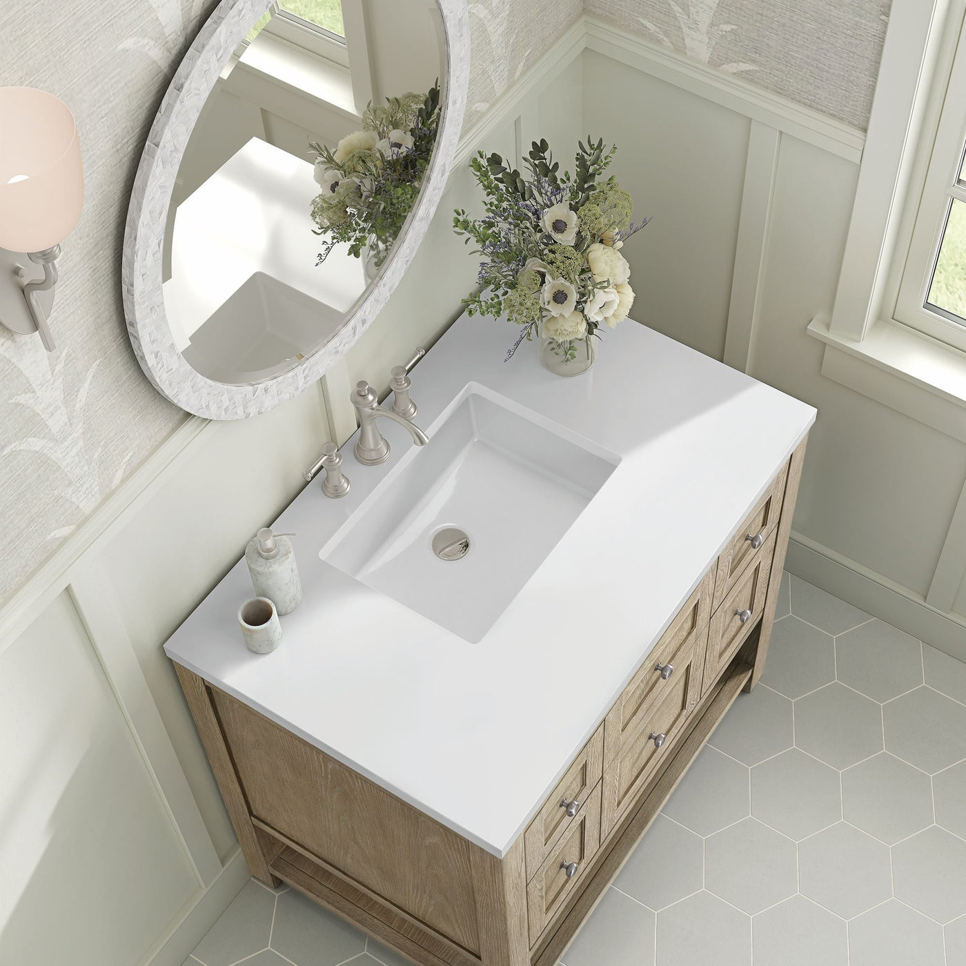 James Martin Breckenridge 36" Single Bathroom Vanity, Whitewashed Oak with White Zeus countertop