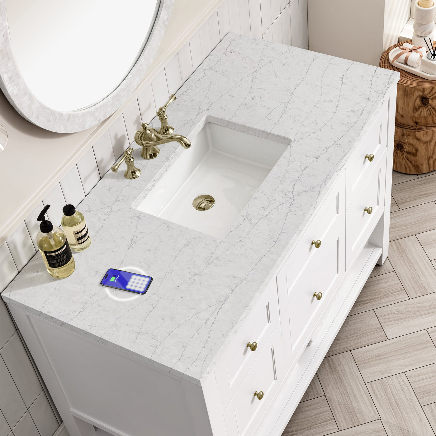James Martin Breckenridge 48" Single Bathroom Vanity, Bright White with Eternal Jasmine Pearl (FreePower) countertop