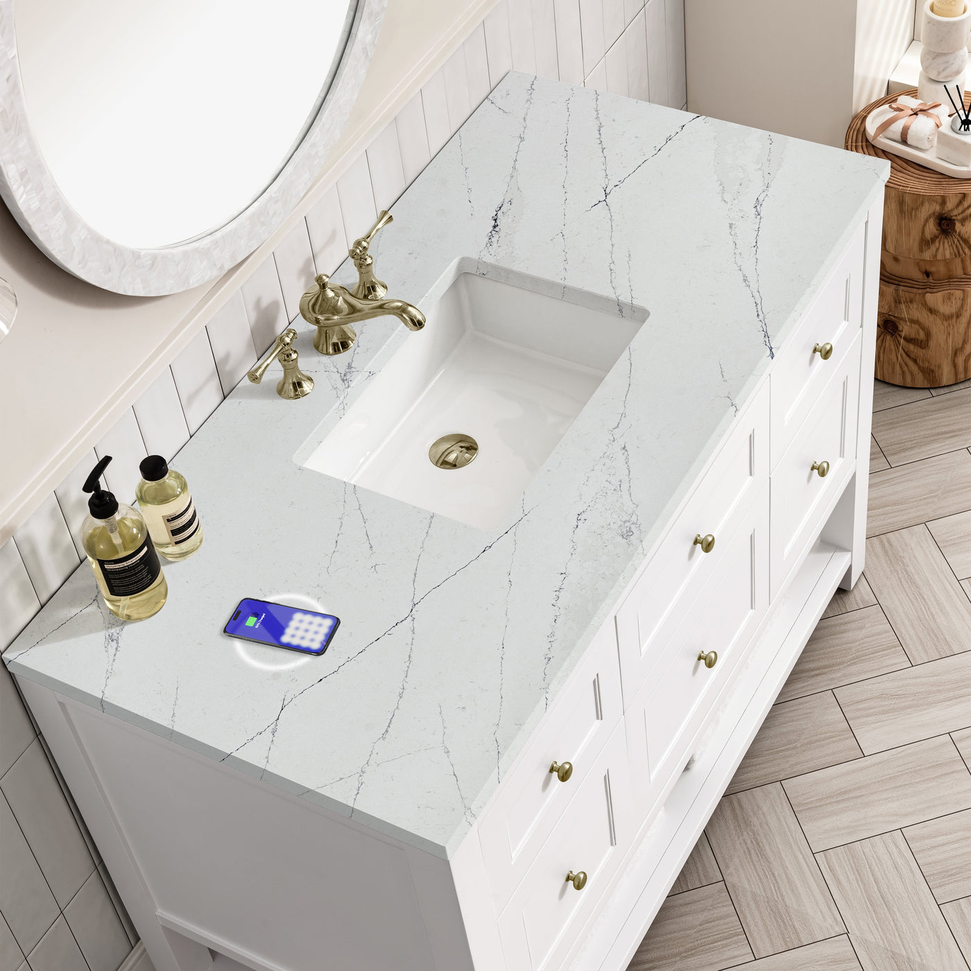 James Martin Breckenridge 48" Single Bathroom Vanity, Bright White with Ethereal Noctis (FreePower) countertop