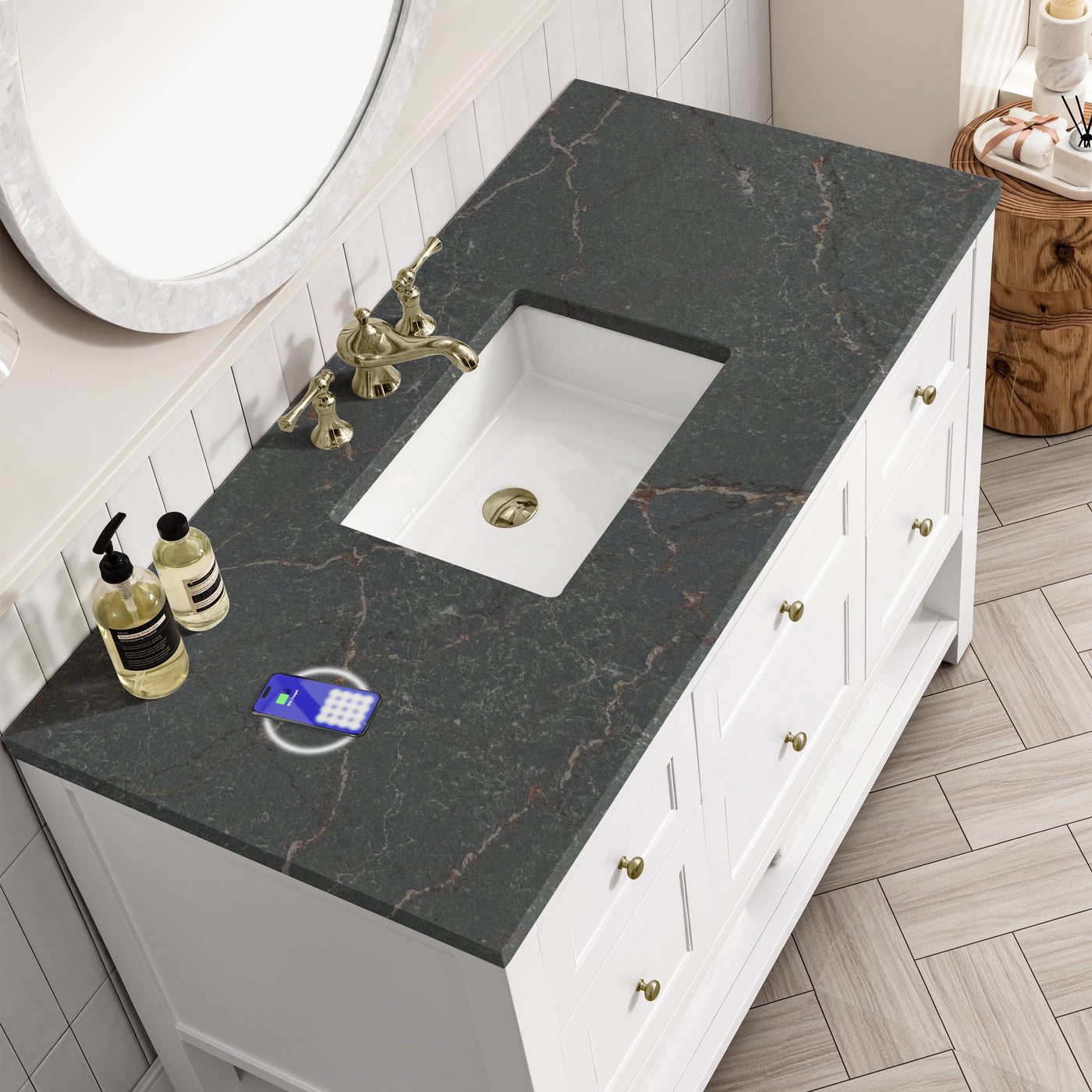 James Martin Breckenridge 48" Single Bathroom Vanity, Bright White with Parisien Bleu (FreePower) countertop