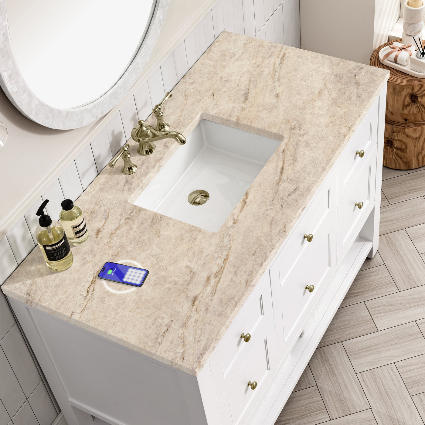 James Martin Breckenridge 48" Single Bathroom Vanity, Bright White with Tajnar (FreePower) countertop
