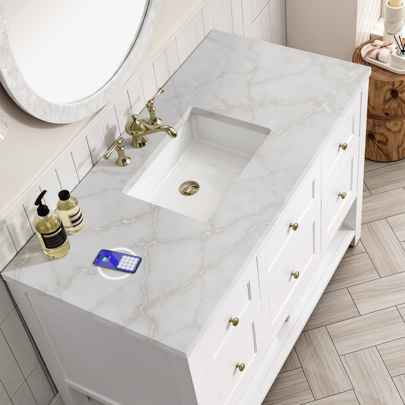 James Martin Breckenridge 48" Single Bathroom Vanity, Bright White with Victorian Silver (FreePower) countertop