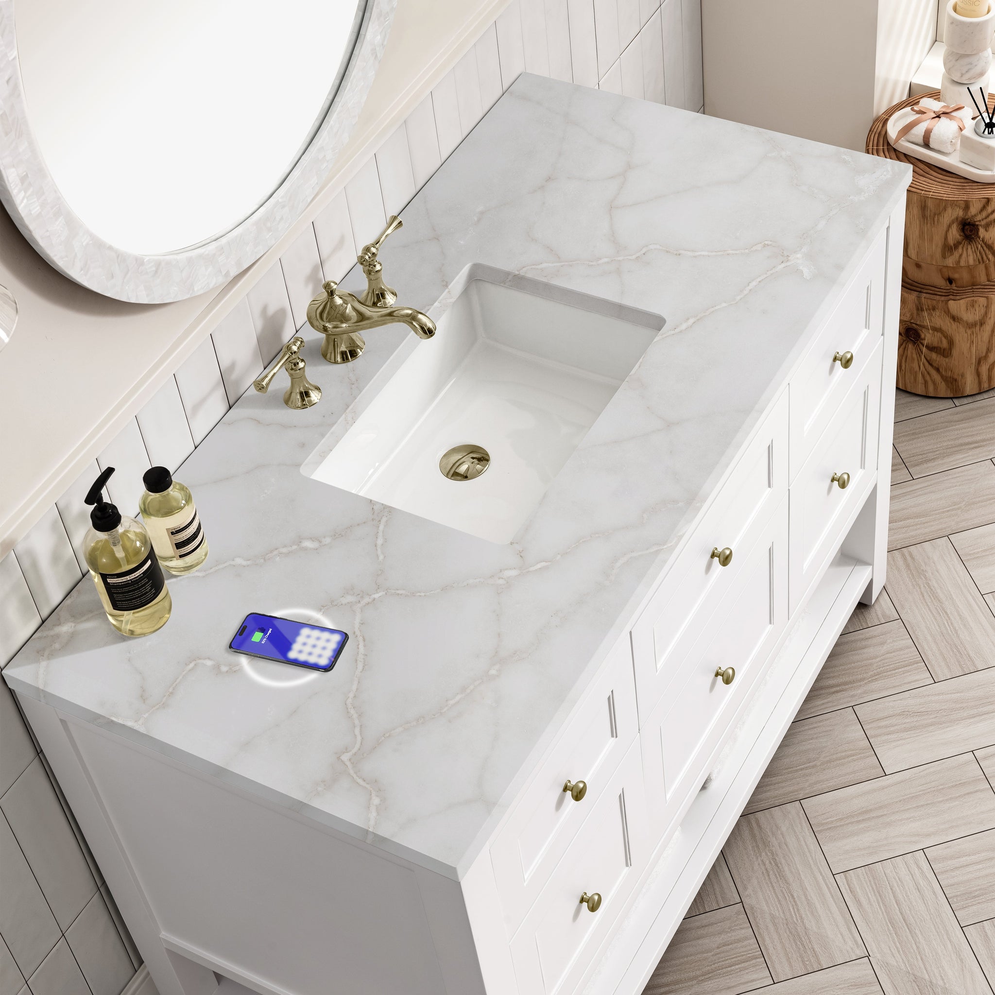 James Martin Breckenridge 48" Single Bathroom Vanity, Bright White with Victorian Silver (FreePower) countertop
