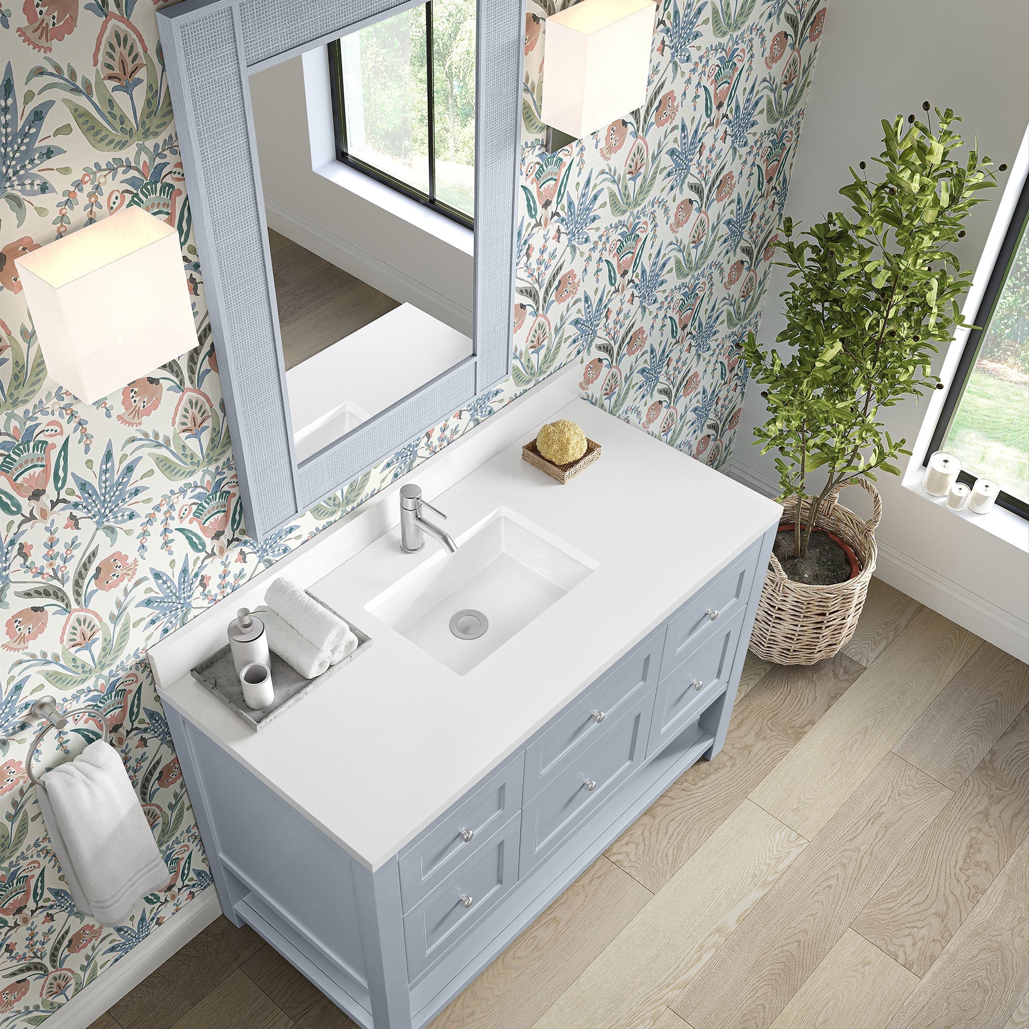 James Martin Breckenridge 48" Single Bathroom Vanity, Serenity Blue with White Zeus (Single Hole, with Backsplash) countertop