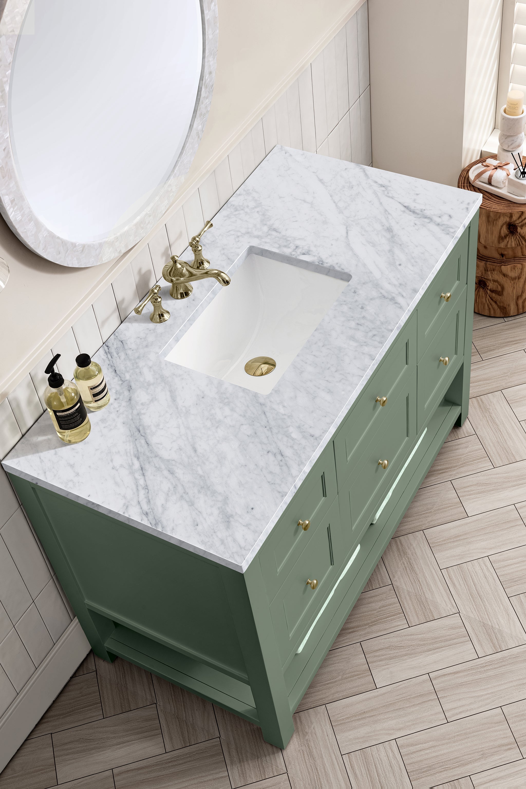 James Martin Breckenridge 48" Single Bathroom Vanity, Smokey Celadon with Carrara White countertop