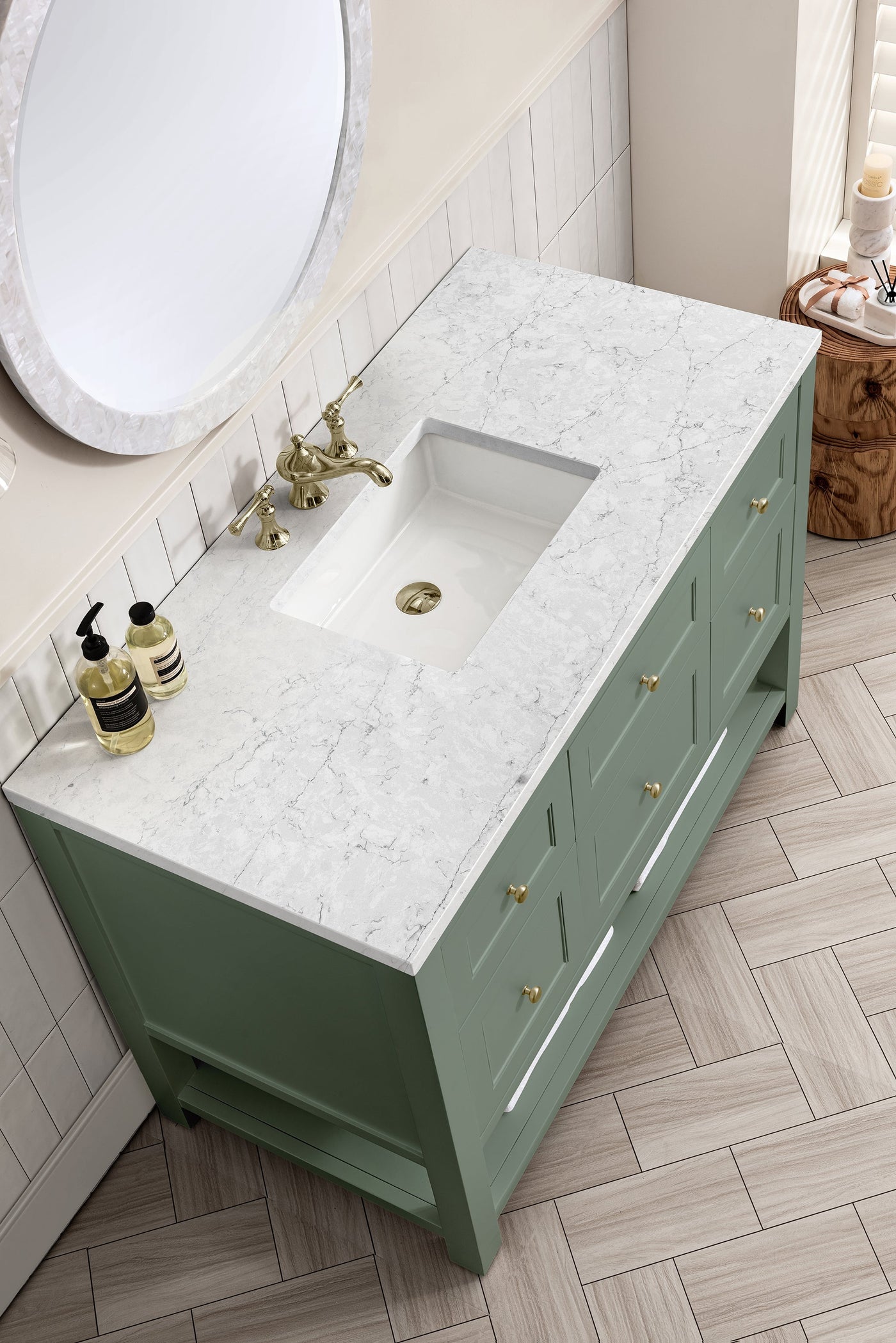 James Martin Breckenridge 48" Single Bathroom Vanity, Smokey Celadon with Eternal Jasmine Pearl countertop