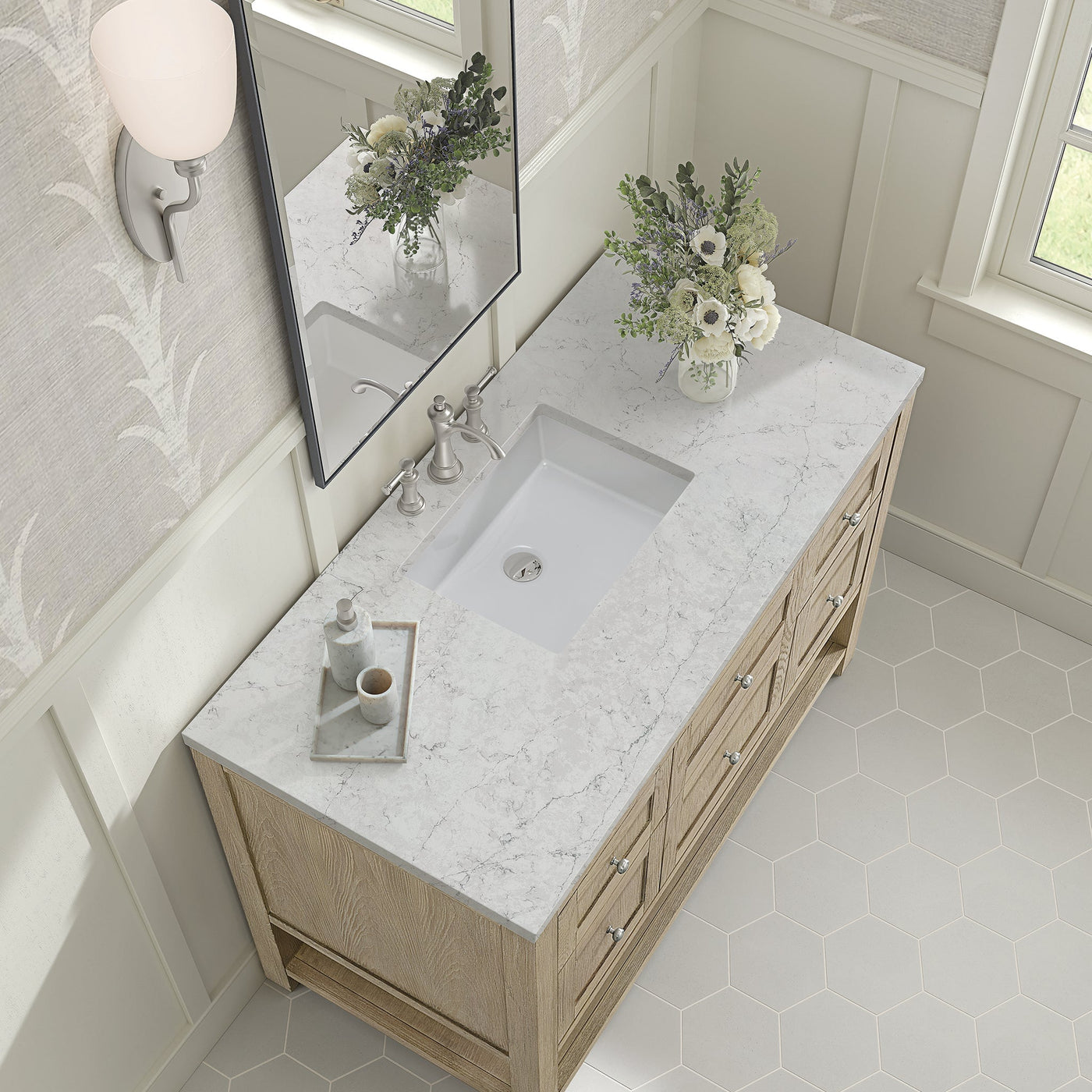 James Martin Breckenridge 48" Single Bathroom Vanity, Whitewashed Oak with Eternal Jasmine Pearl countertop