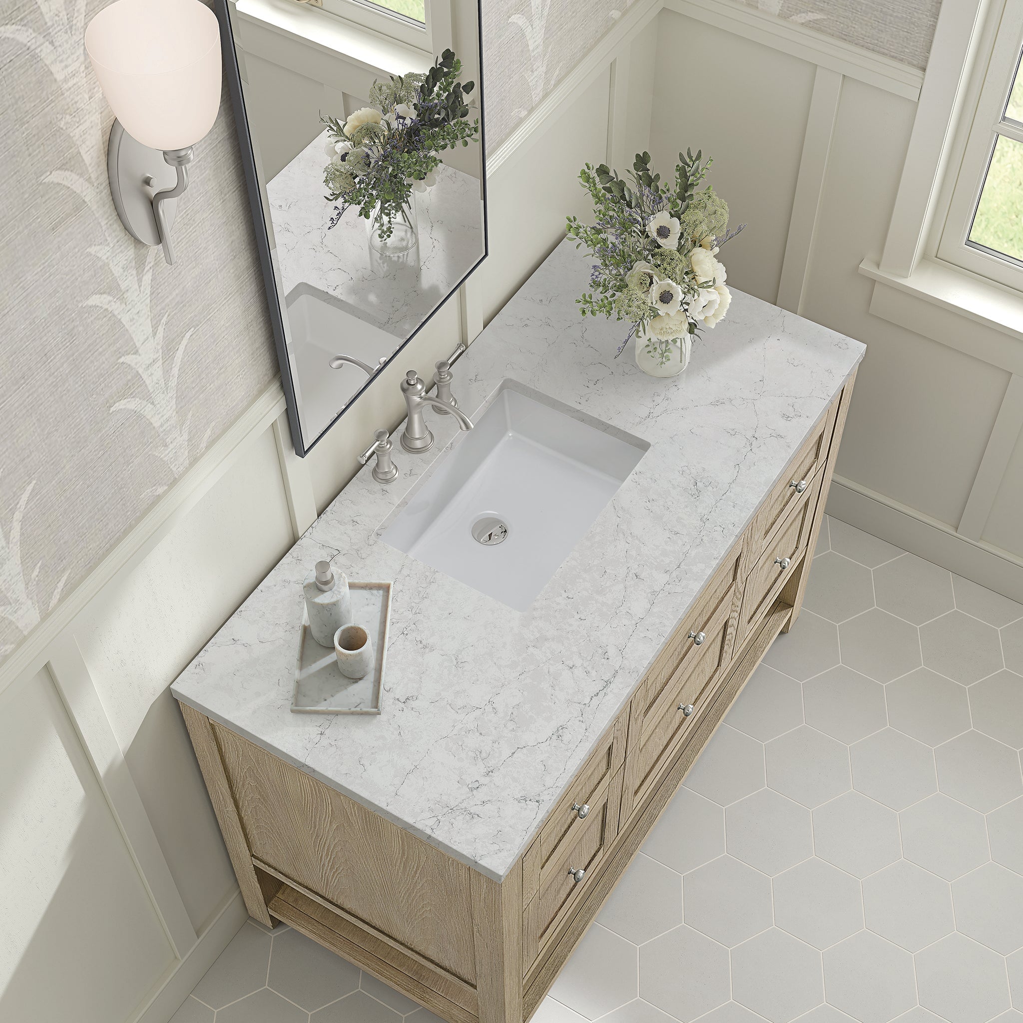 James Martin Breckenridge 48" Single Bathroom Vanity, Whitewashed Oak with Eternal Jasmine Pearl countertop