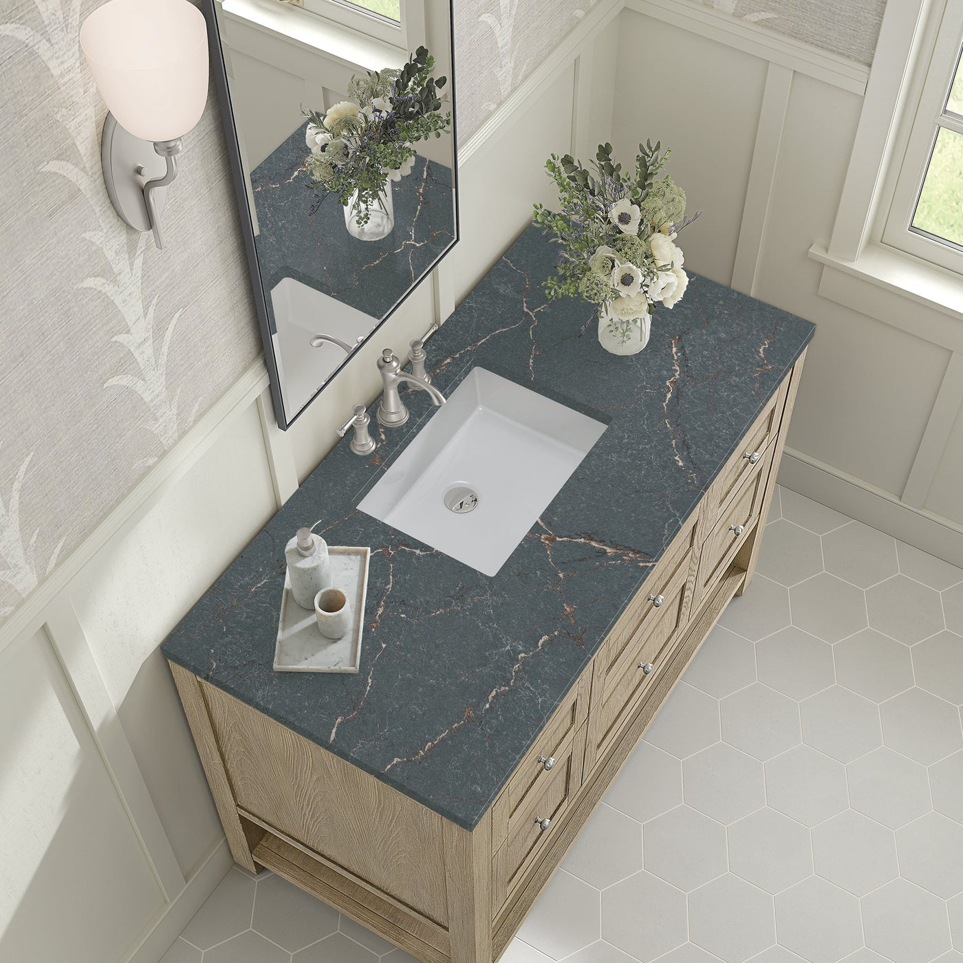 James Martin Breckenridge 48" Single Bathroom Vanity, Whitewashed Oak with Parisien Bleu countertop