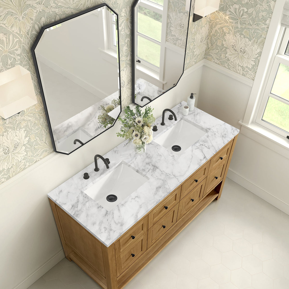 James Martin Breckenridge 60" Double Bathroom Vanity, Light Natural Oak with Carrara White countertop