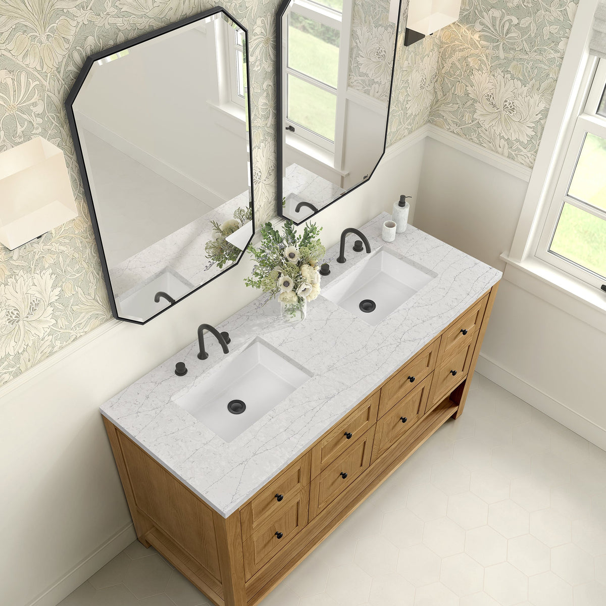 James Martin Breckenridge 60" Double Bathroom Vanity, Light Natural Oak with Eternal Jasmine Pearl countertop
