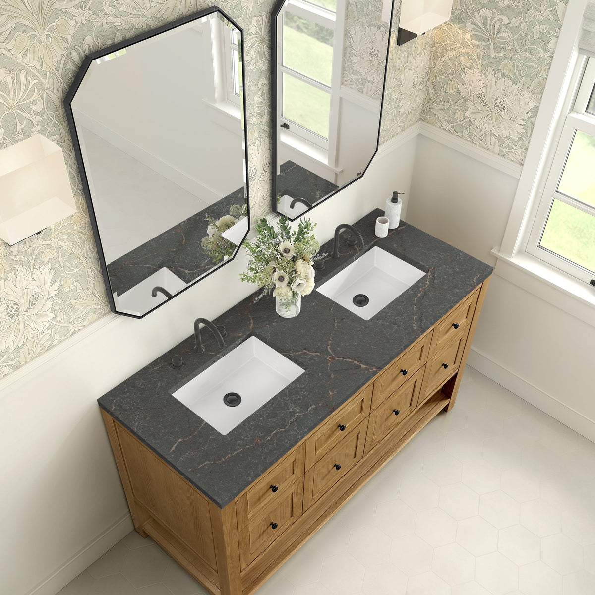 James Martin Breckenridge 60" Double Bathroom Vanity, Light Natural Oak with Parisien Bleu countertop
